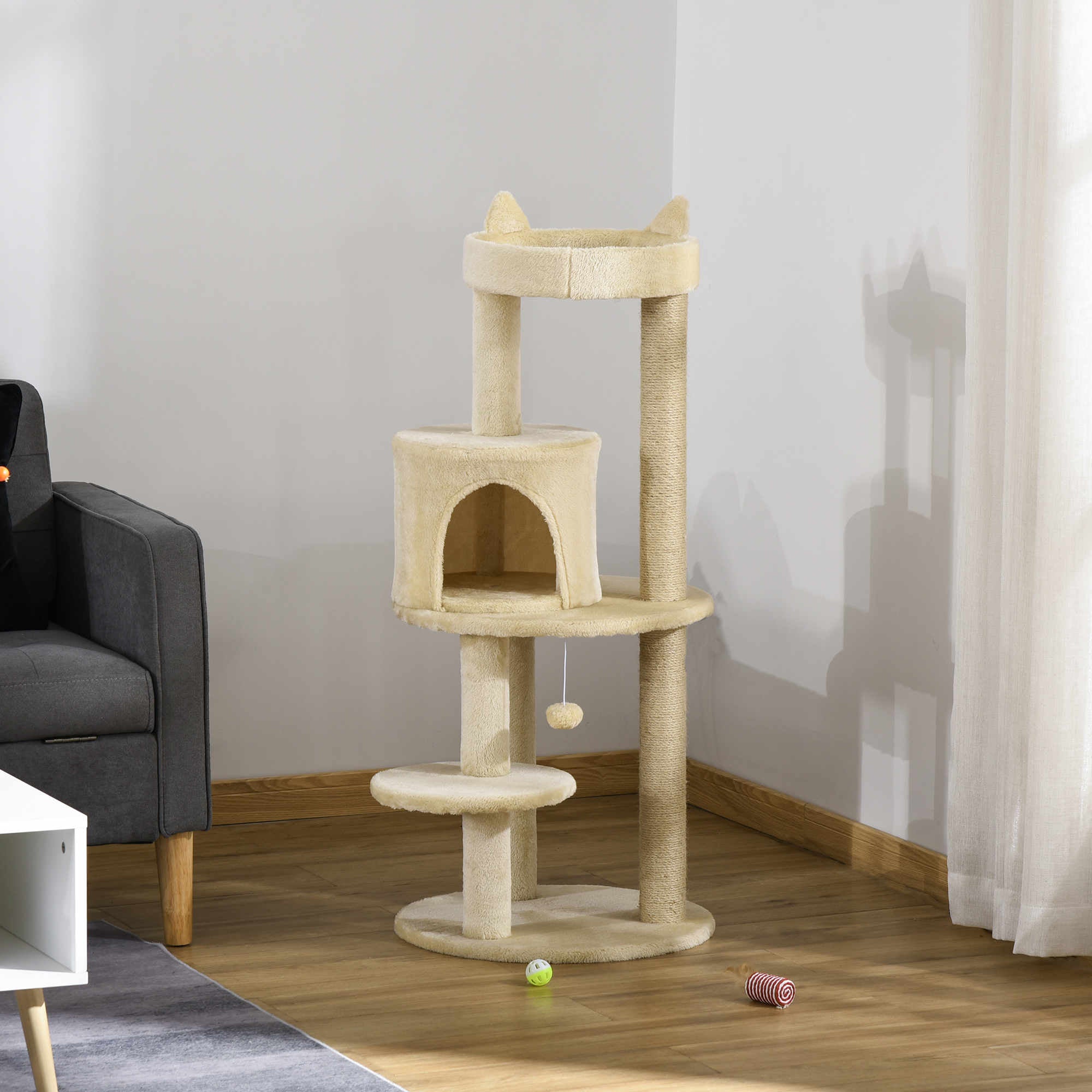 104 cm Cat Tree, Cat Condo Tree Tower, Cat Activity Centre with Scratching Posts, Plush Perch, Hanging Ball - Cream White