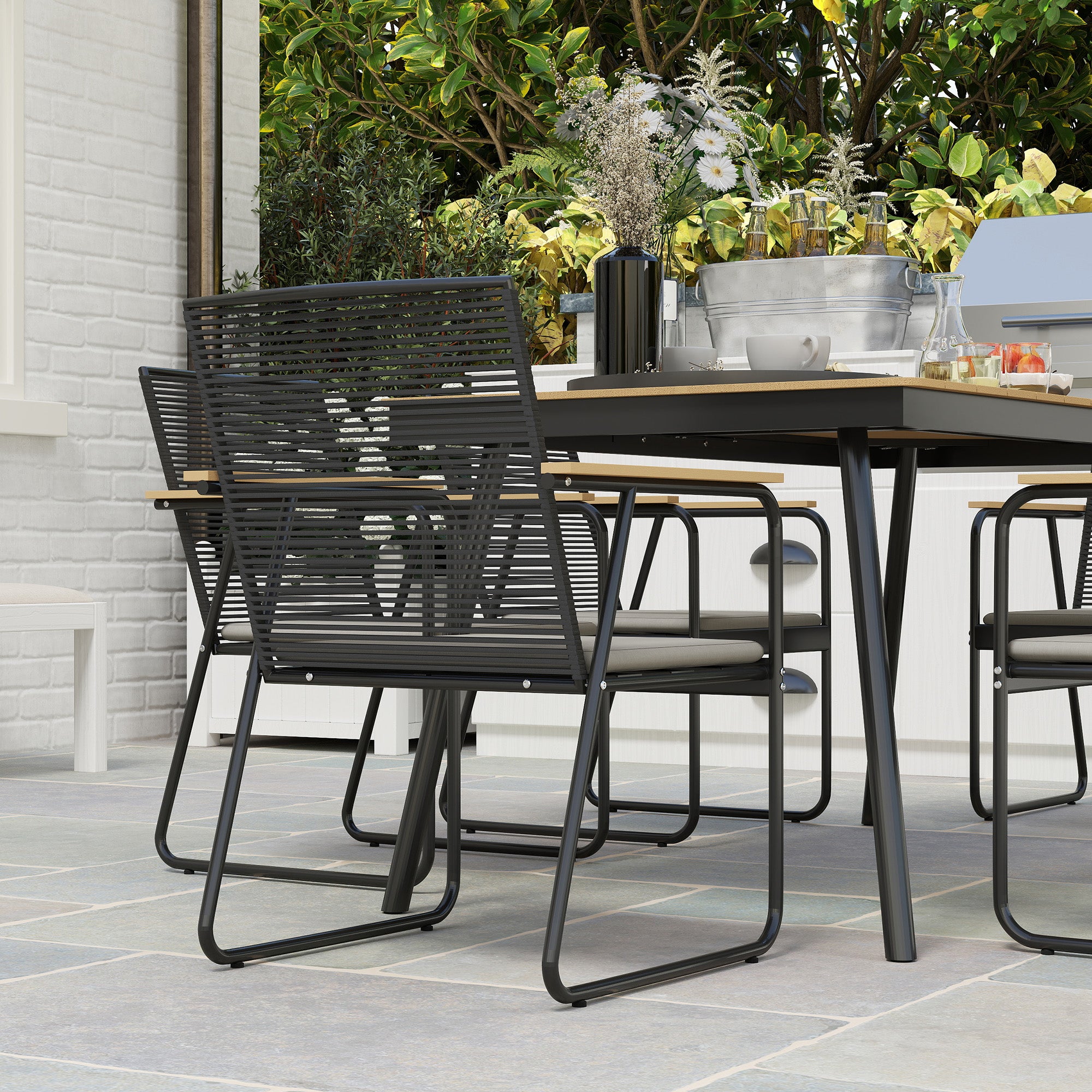 6 Seater Garden Dining Set with Cushions and Weatherproof Table - Nature Wood Finish