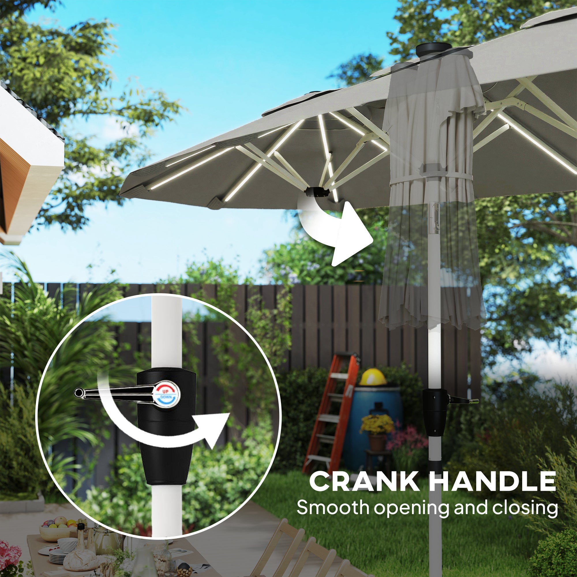 3 m Double-Sided Garden Parasol with LED Solar Lights, Outdoor Extra Large Sun Umbrella with Crank Handle, Grey