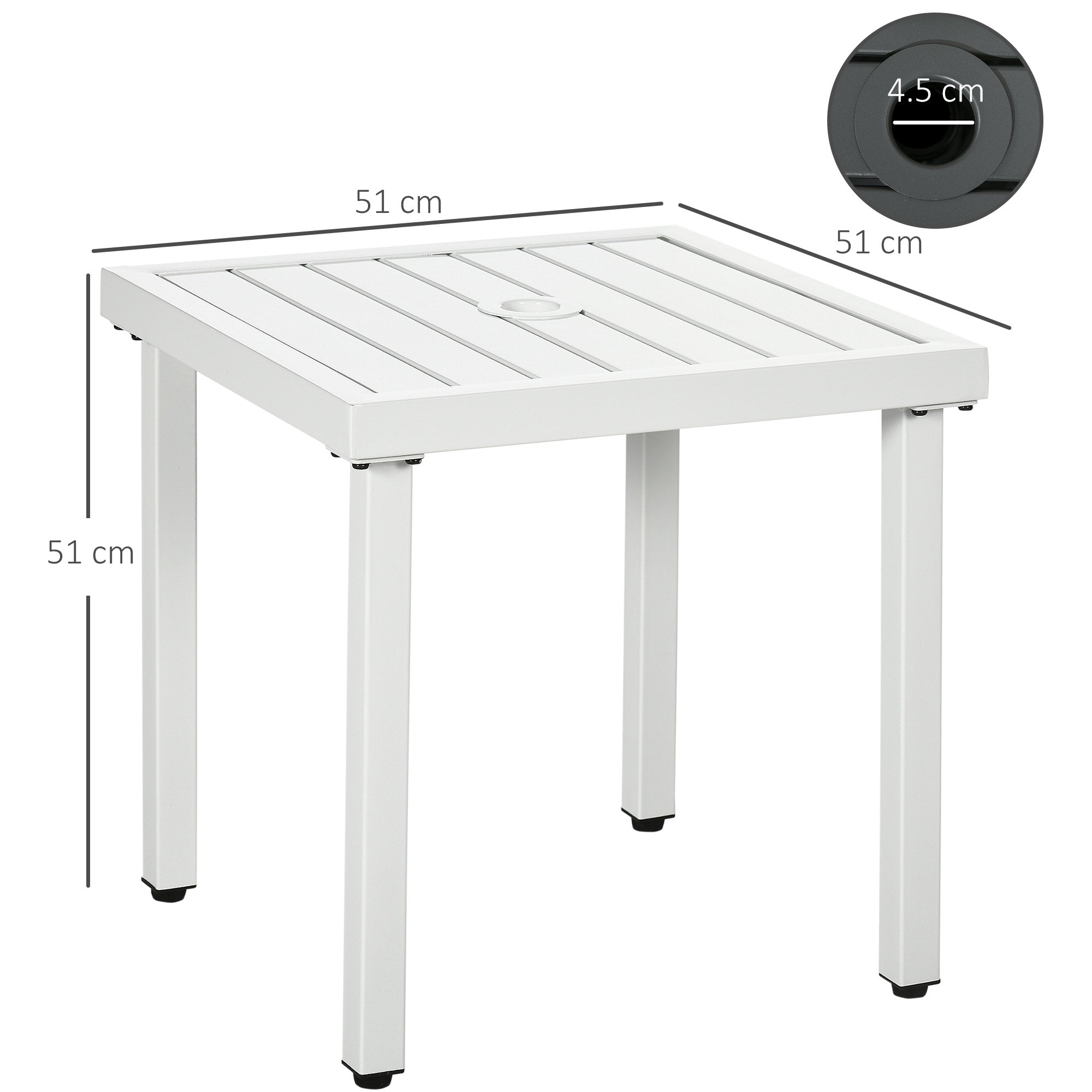 Garden Side Table End Table Patio Coffee Table with Umbrella Hole, Steel Frame for Balcony, White