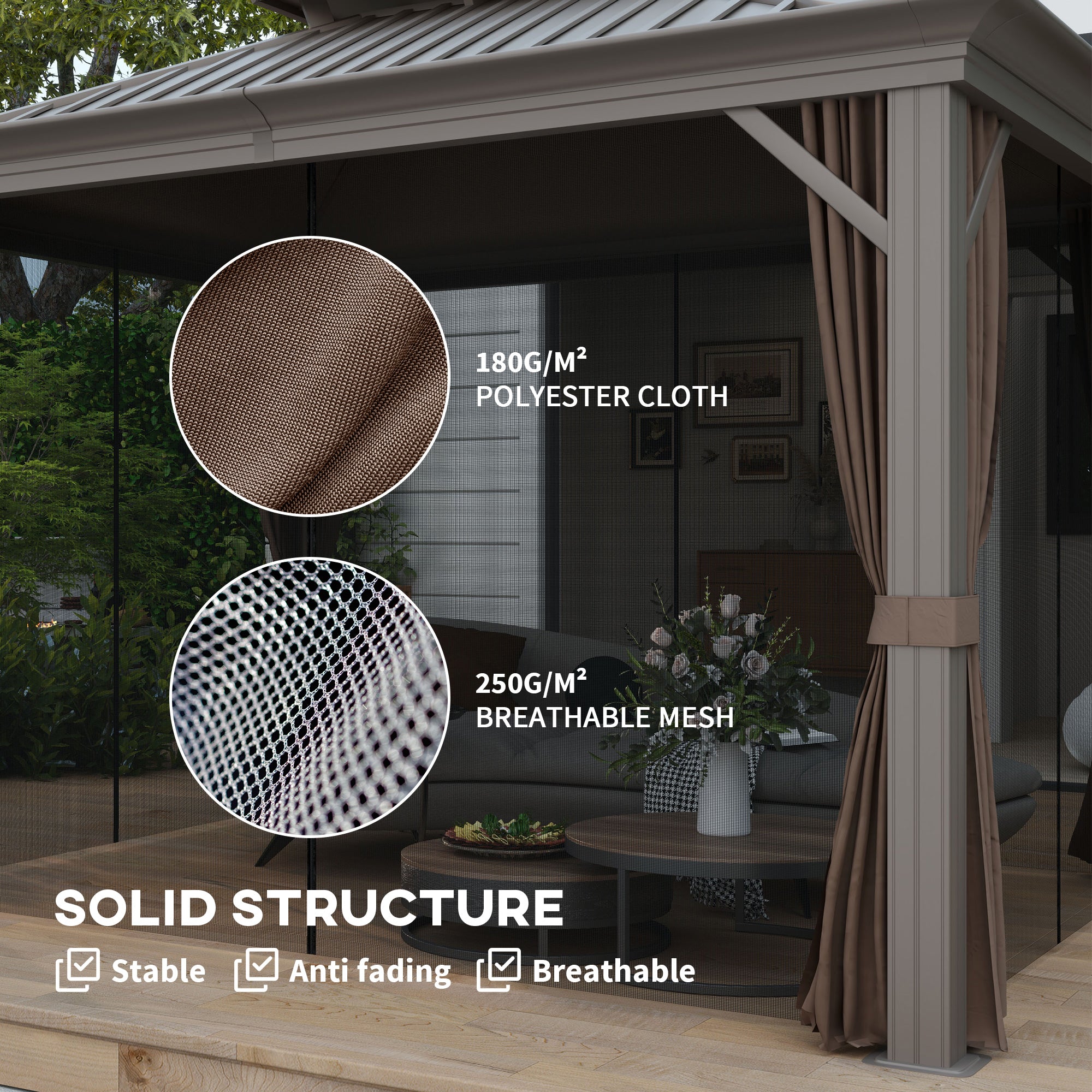 3.65 x 3m Aluminium Hardtop Gazebo, with Accessories - Brown