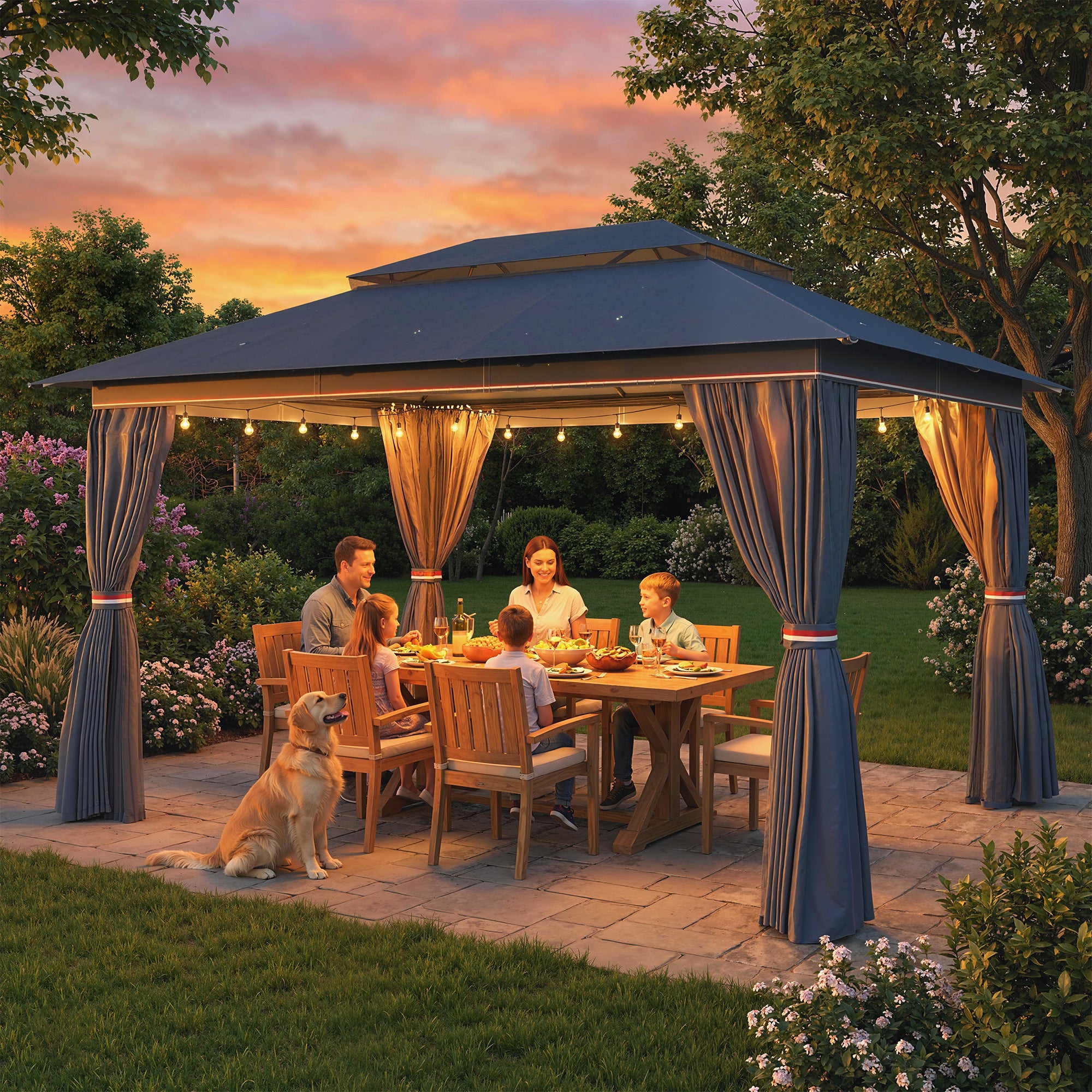 3 x 4 m Outdoor Garden Gazebo with Netting and Curtains, UPF50+ Patio Gazebo Permanent Pavilion Canopy, Dark Blue