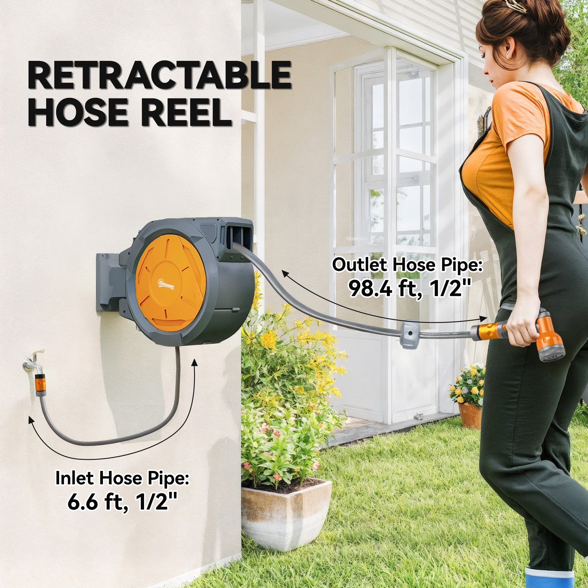 Retractable Hose Reel Wall Mounted, 30+2m Garden Hose Pipe Reel with Lock, Auto Rewind, 7 in 1 Spray Nozzle, Includes Wall Fixings, 180° Swivel, Outdoor Watering, 59 x 23 x 42 cm, Orange