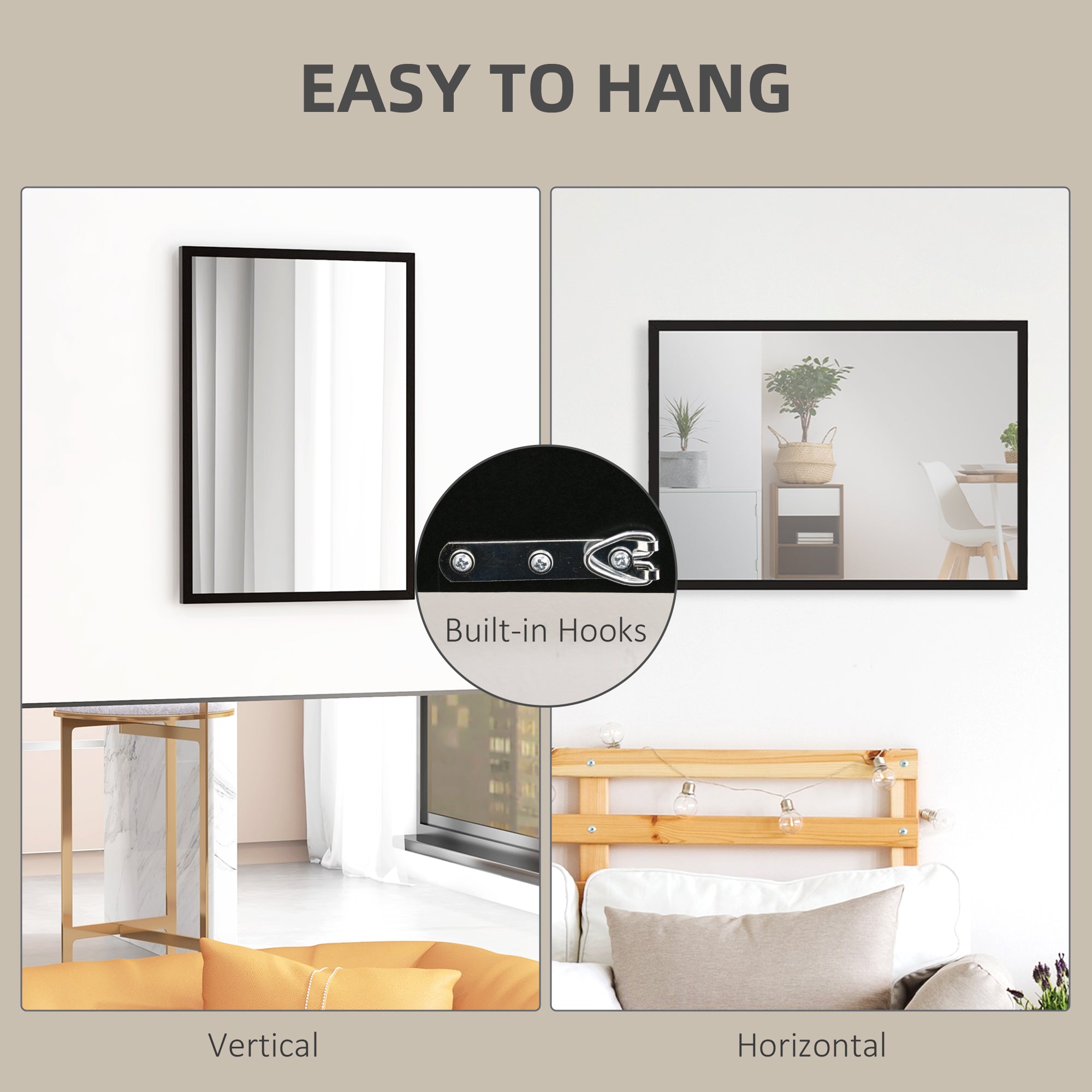 Wall Bathroom Mirror, 70 x 50 cm Wall-Mounted Mirror for Living Room, Bedroom, Hallway, Black