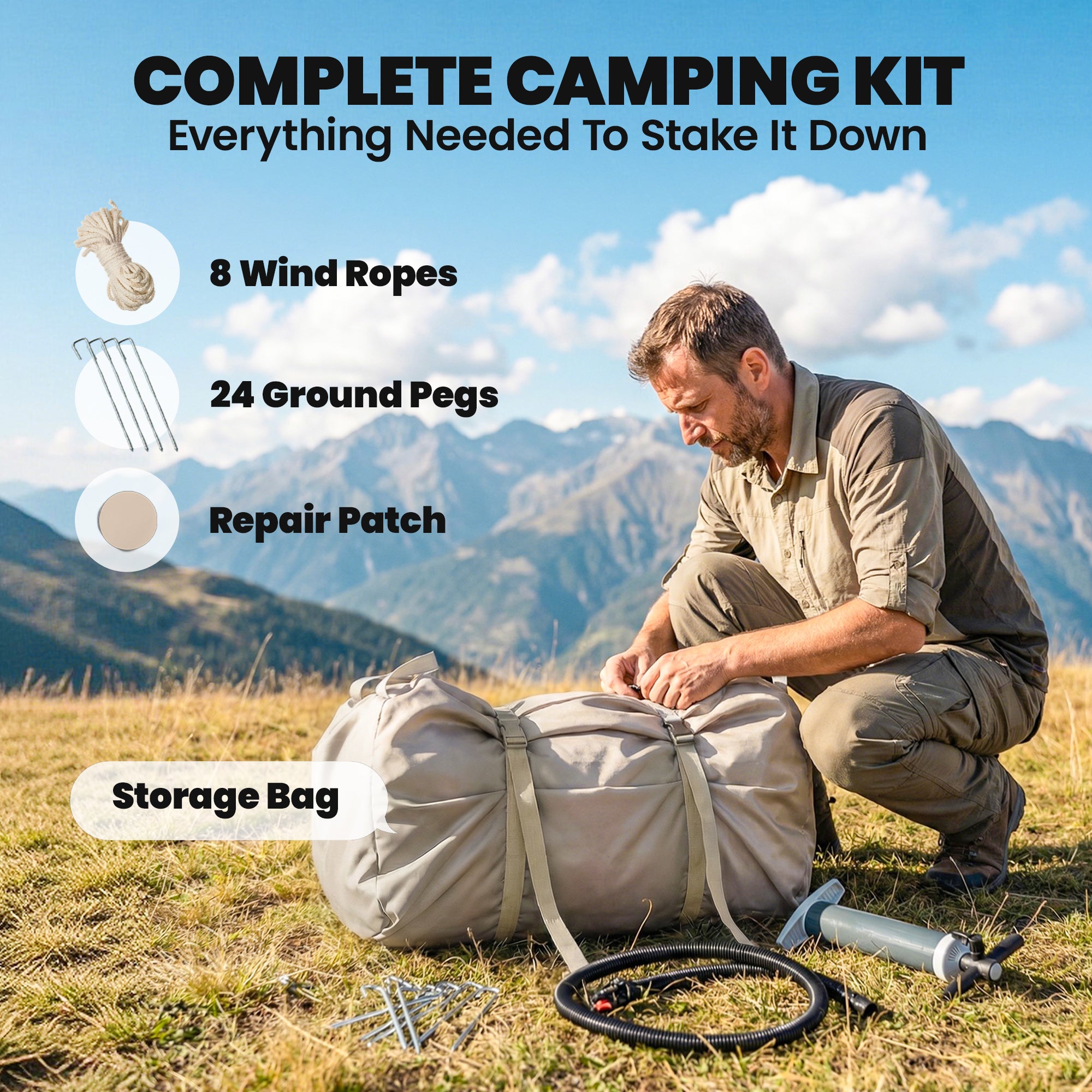 Inflatable Camping Tent, 4 Season Hot Tent 10000mm Waterproof with Chimney Opening, Sky Light and Air Pump, Khaki