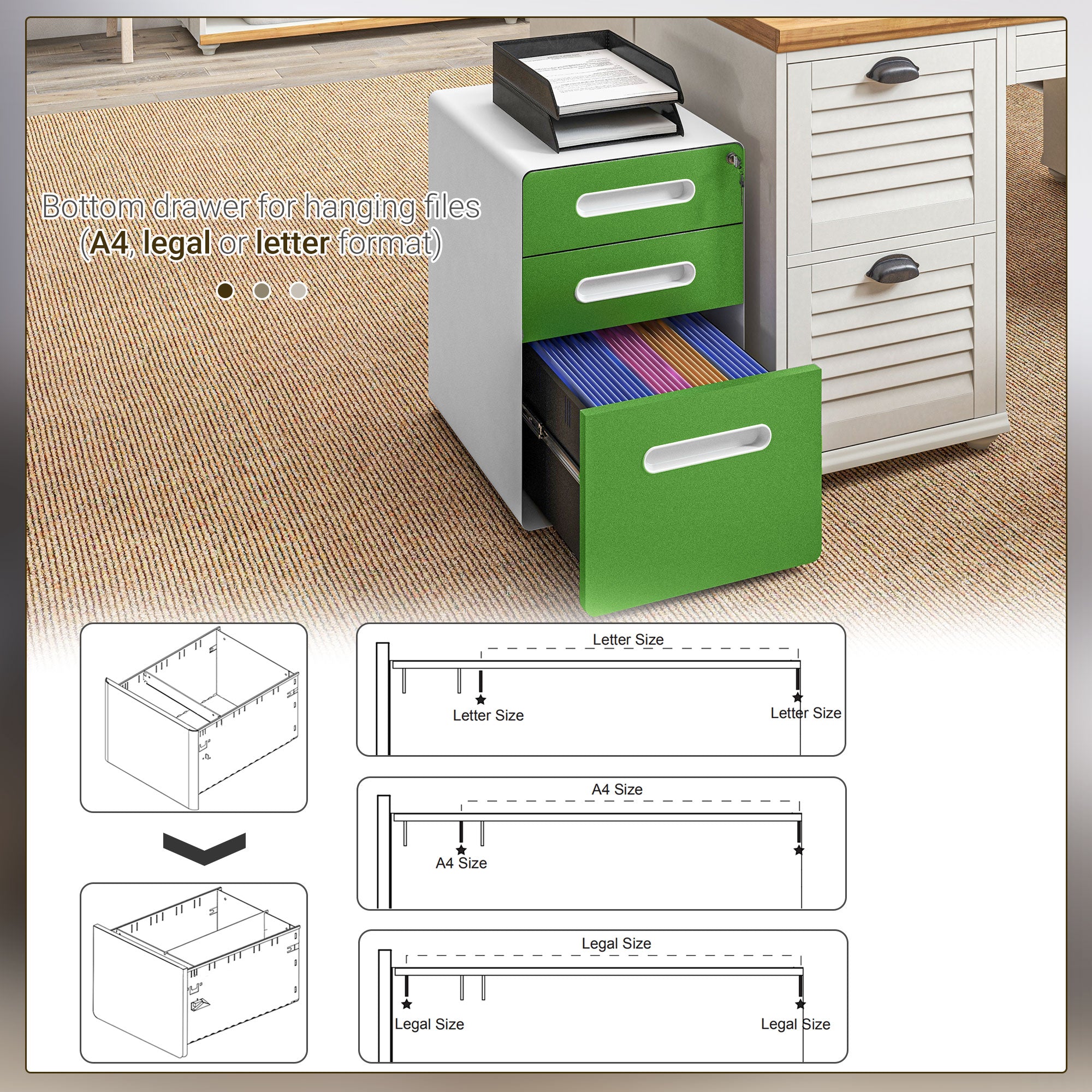 3 Drawer Filing Cabinet, Steel Lockable File Cabinet with Lock and Wheels, for A4, Letter, Legal Sized Files, Green