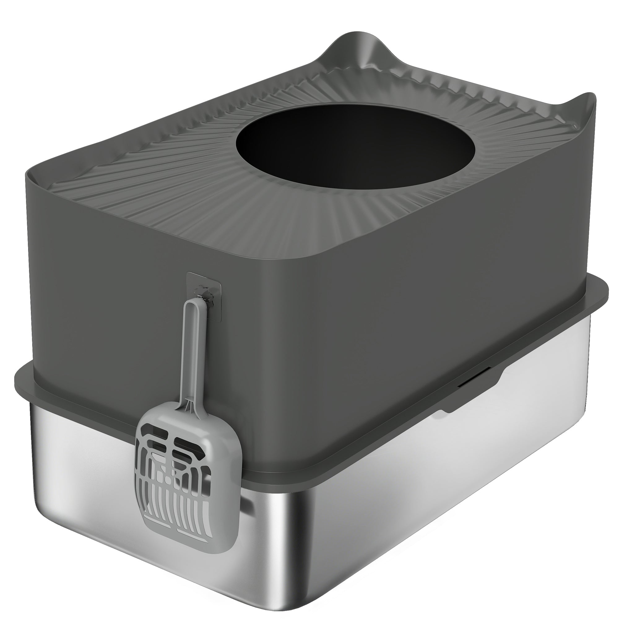 Stainless Steel Cat Litter Tray, Extra Large Enclosed Litter Box with Scoop, Top Entrance, Non-slip Pads, Dark Grey