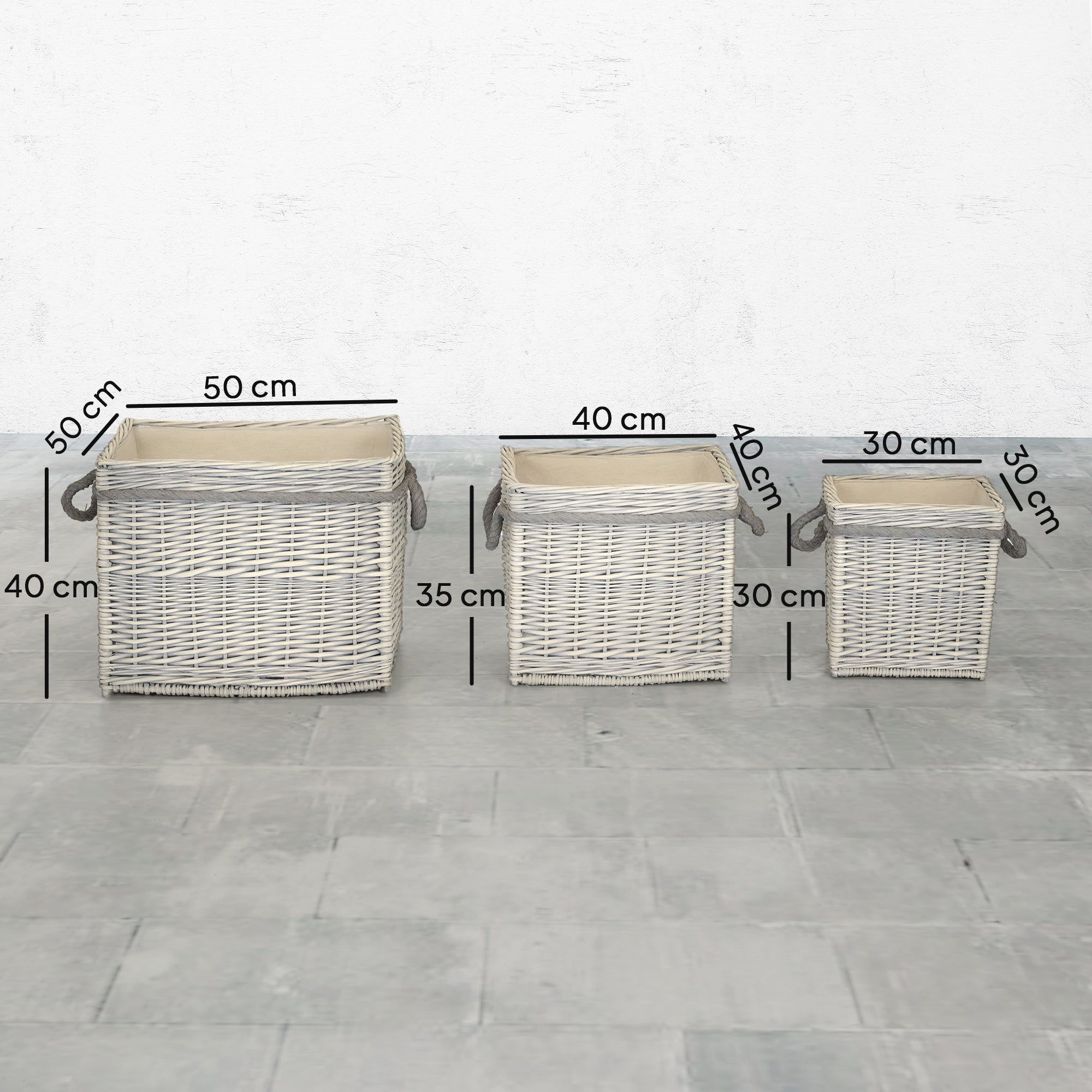 Set of 3 Log Baskets for Wood Burner Indoor, Storage Basket with Lining and Rope Handles, Wicker Basket for Fireside Storage, Blankets, Beige