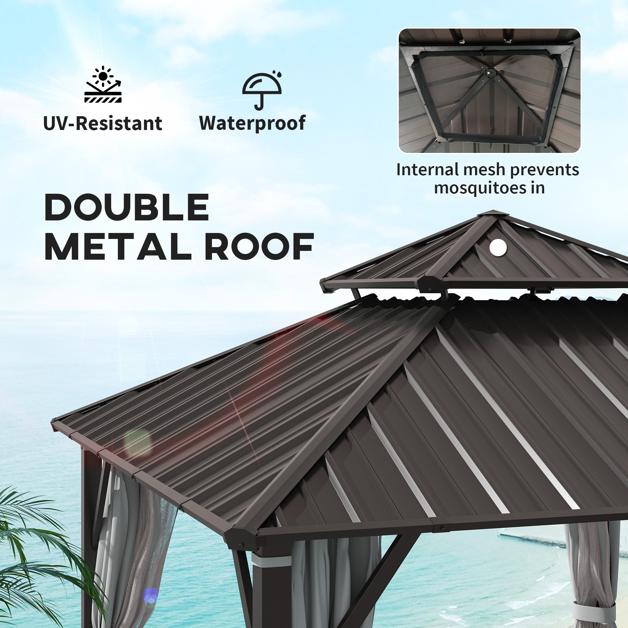 3 x 3(m) Hardtop Gazebo Canopy with Metal Roof, Waterproof Permanent Pavilion Garden Gazebo with Netting, Curtains, Grey
