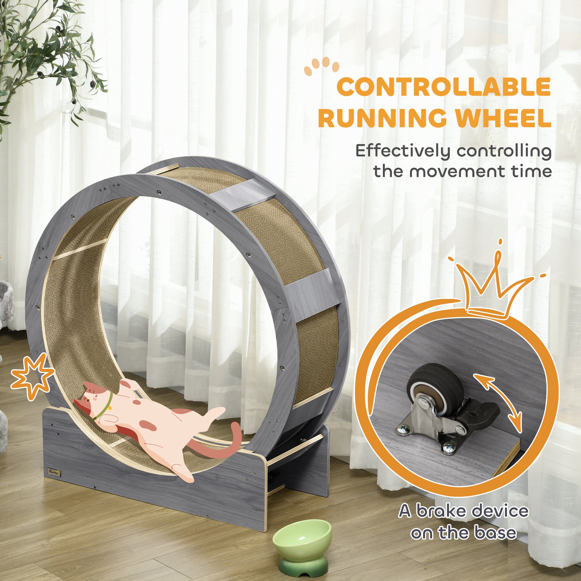 Cat Wheel with Brake, Scratching Pads - Grey