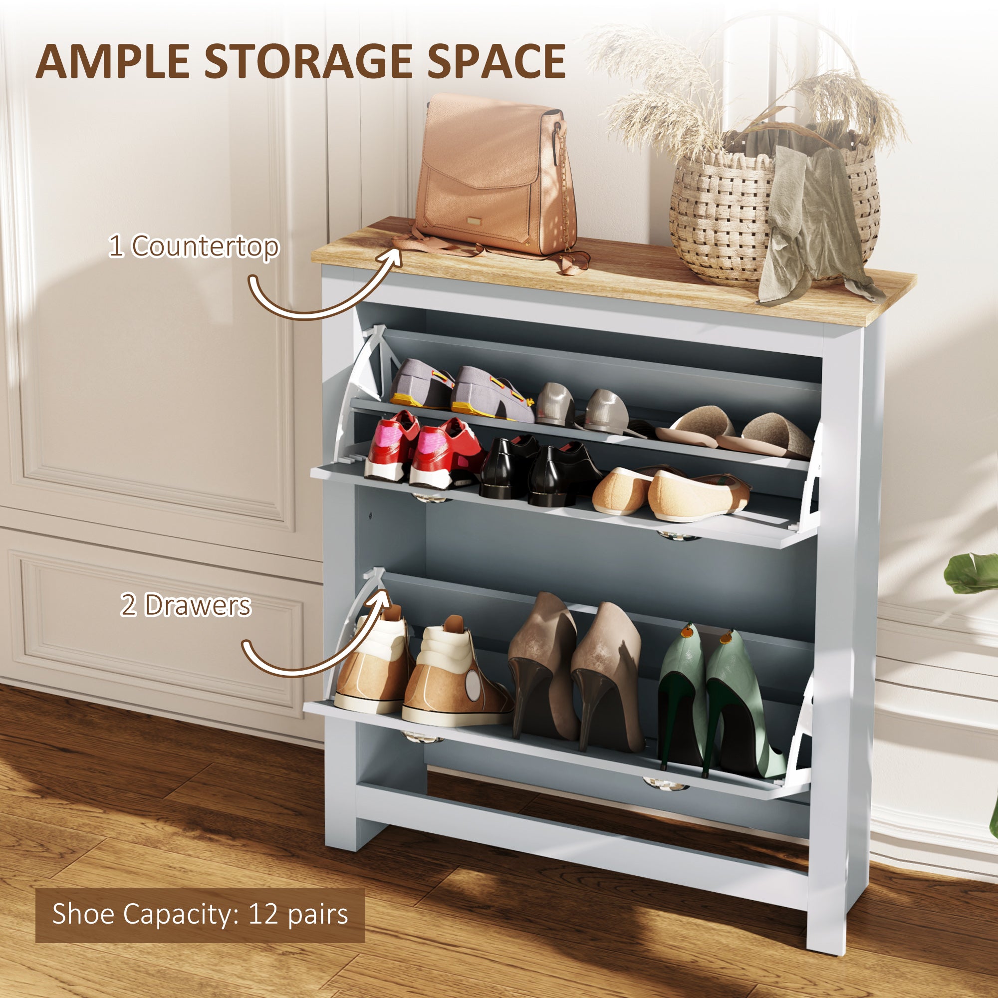 2 Drawer Shoe Cabinet Modern Narrow Shoe Cupboard Hallway Wooden Storage Organiser with Flip Doors Adjustable Shelf for 6-12 Pairs, Grey