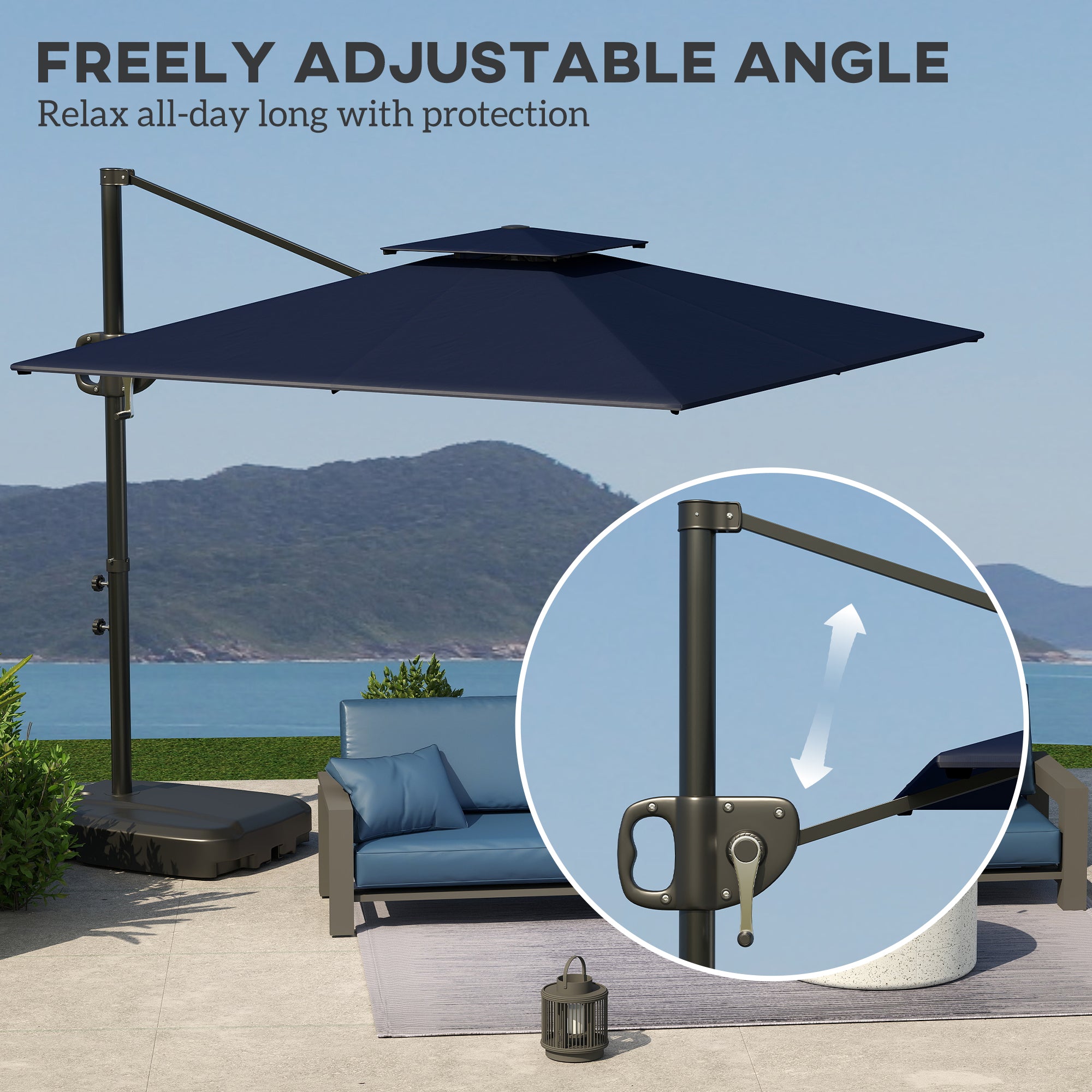 Cantilever Parasol with Weighted Base Double Top Garden Parasol Square Hanging Patio Umbrella with Crank Tilt Dark Blue
