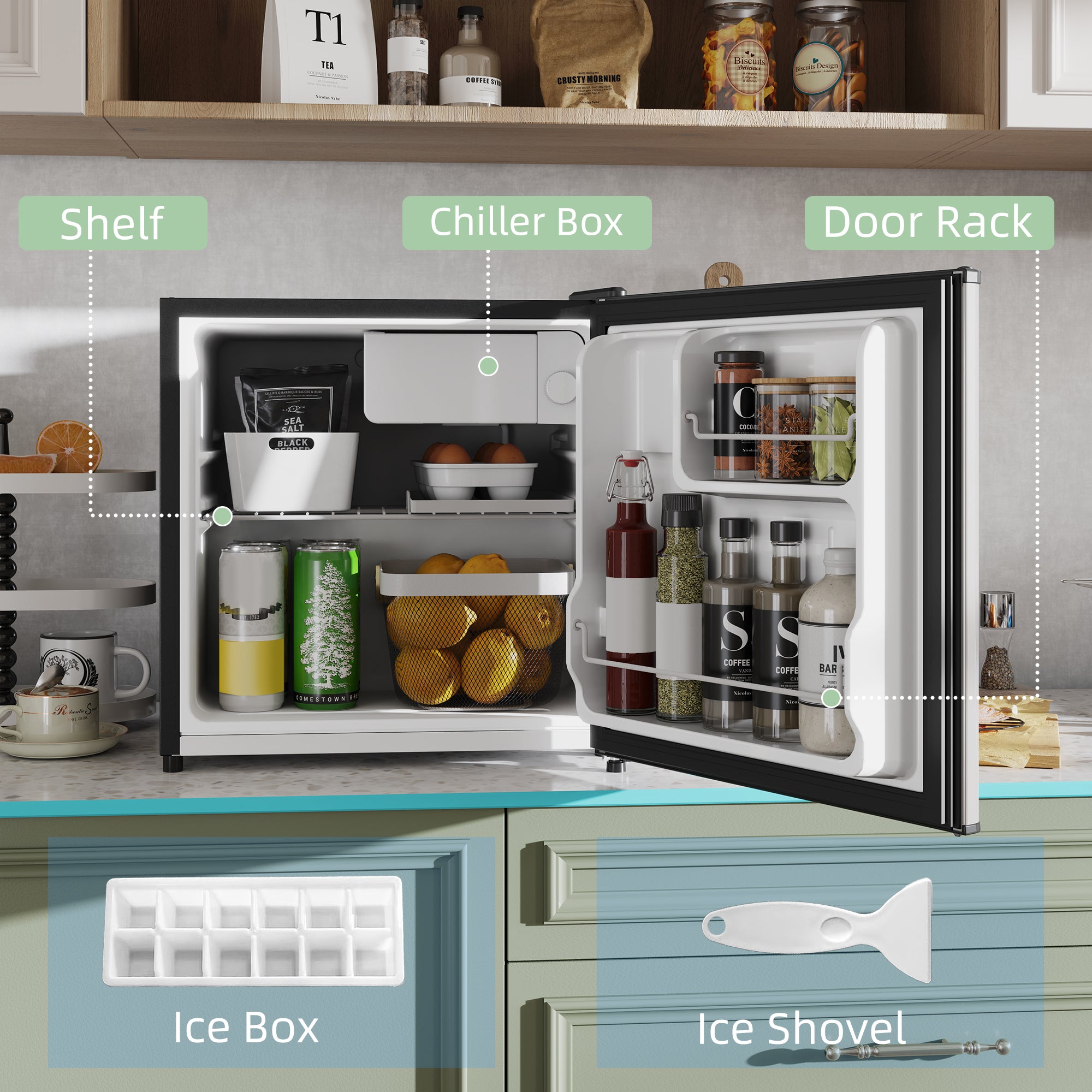 46 Litre Table Top Mini Fridge, Small Fridge with Ice Box, Reversible Door, Adjustable Temperature and Legs for Bedrooms, Home Office, Silver Tone