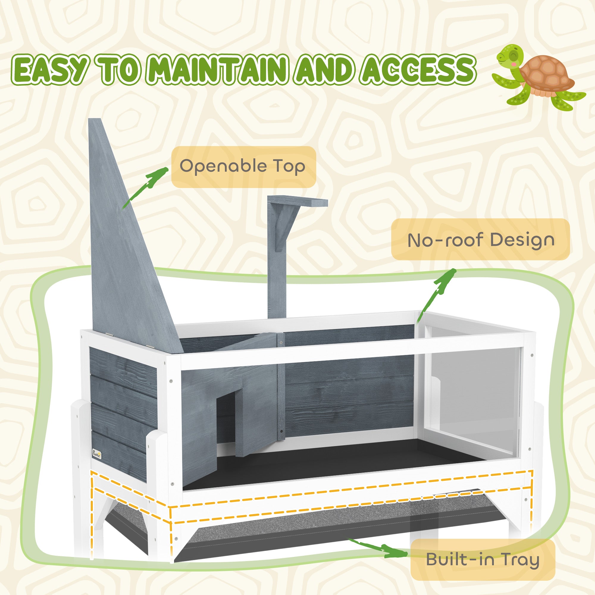 Wooden Tortoise House with Storage Shelf, Observation Windows, Lamp Holder & Openable Top - Grey