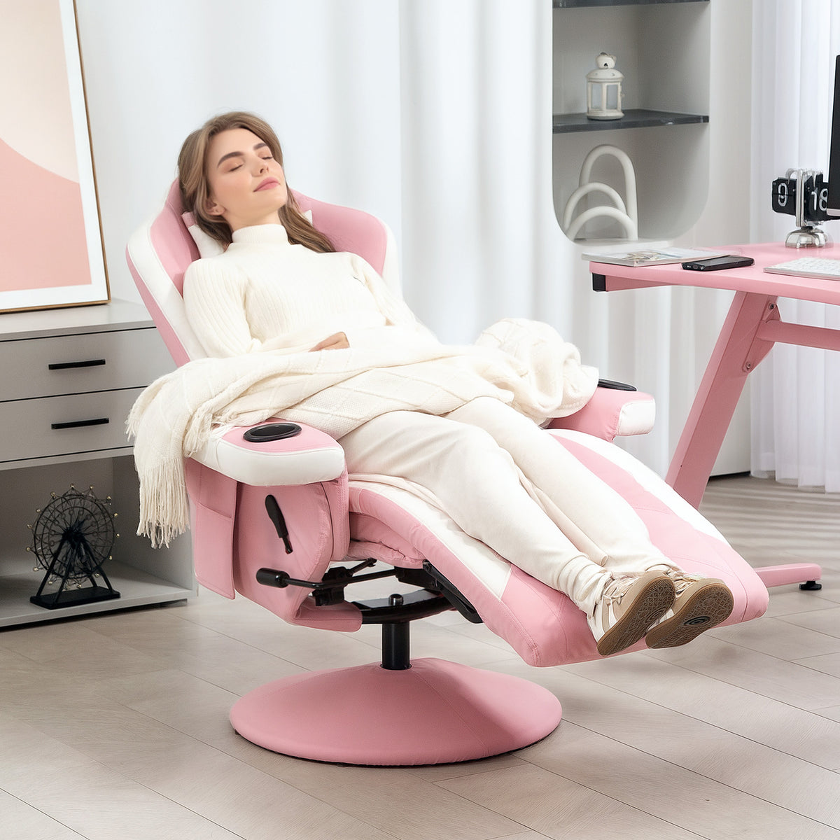 Manual Recliner Armchair with Adjustable Leg Rest, 135° Recline & 360° Swivel - Pink