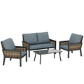 4 Seater Rattan Garden Furniture Set with 2 Armchairs, Loveseat, Coffee Table, Garden Sofa Set with Cushions, Grey