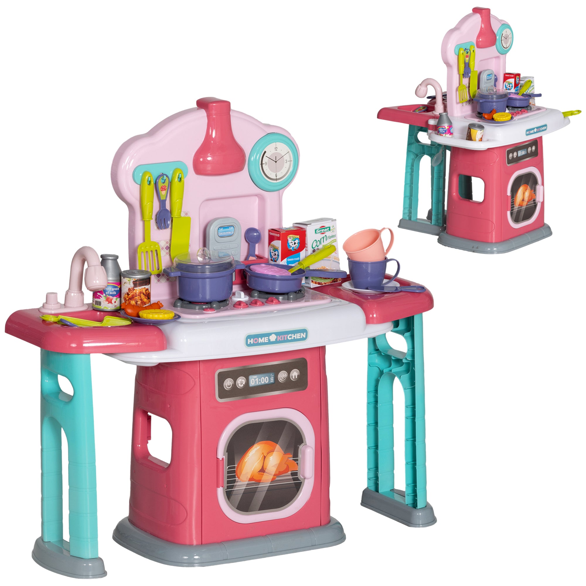 45-Piece Kids Kitchen, Toy Kitchen, with Rotating Side Tables, Lights, Sound Spray