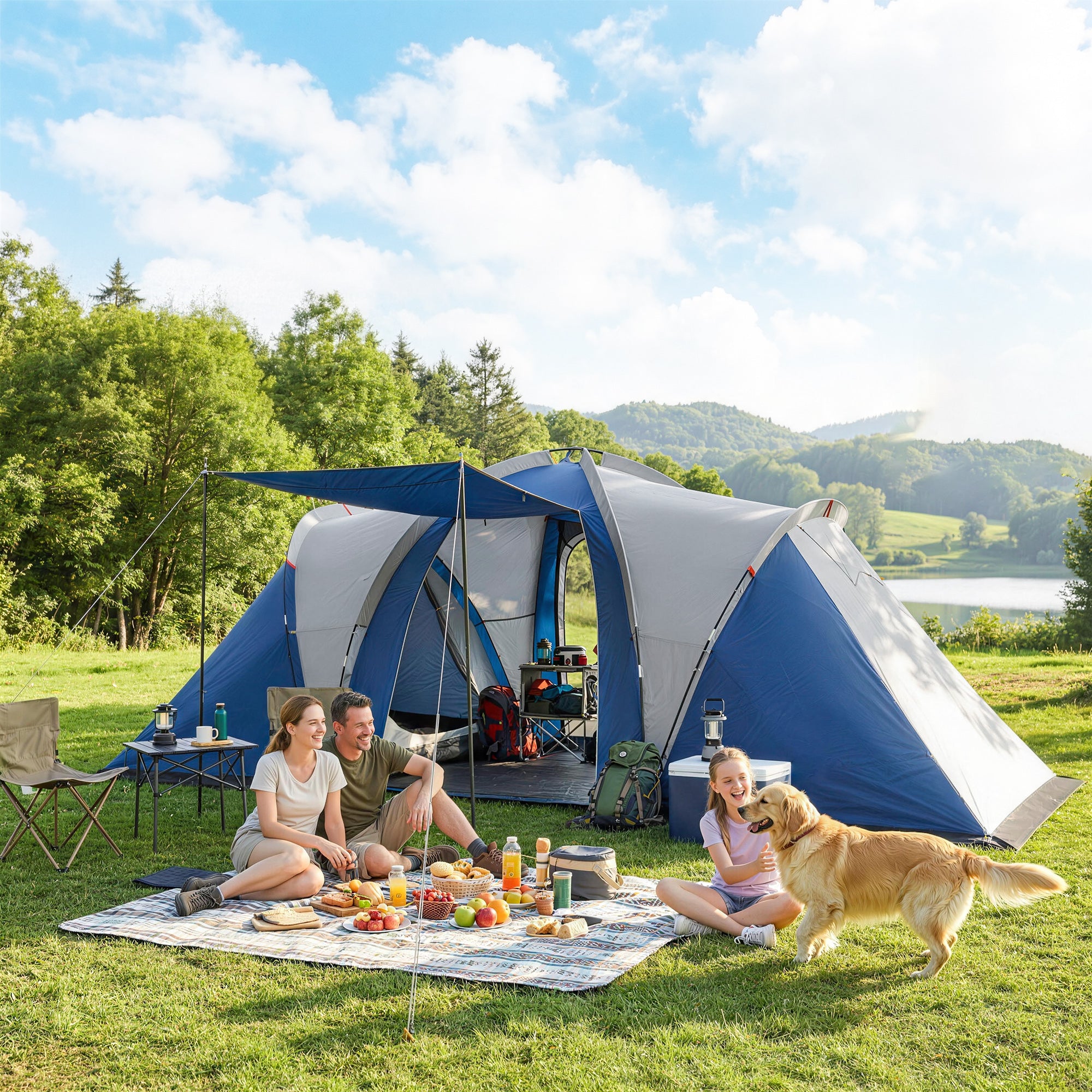 Family Camping Tent 3000mm Waterproof Windproof Tunnel Tent 8-12 Person, Navy Blue & Light Grey