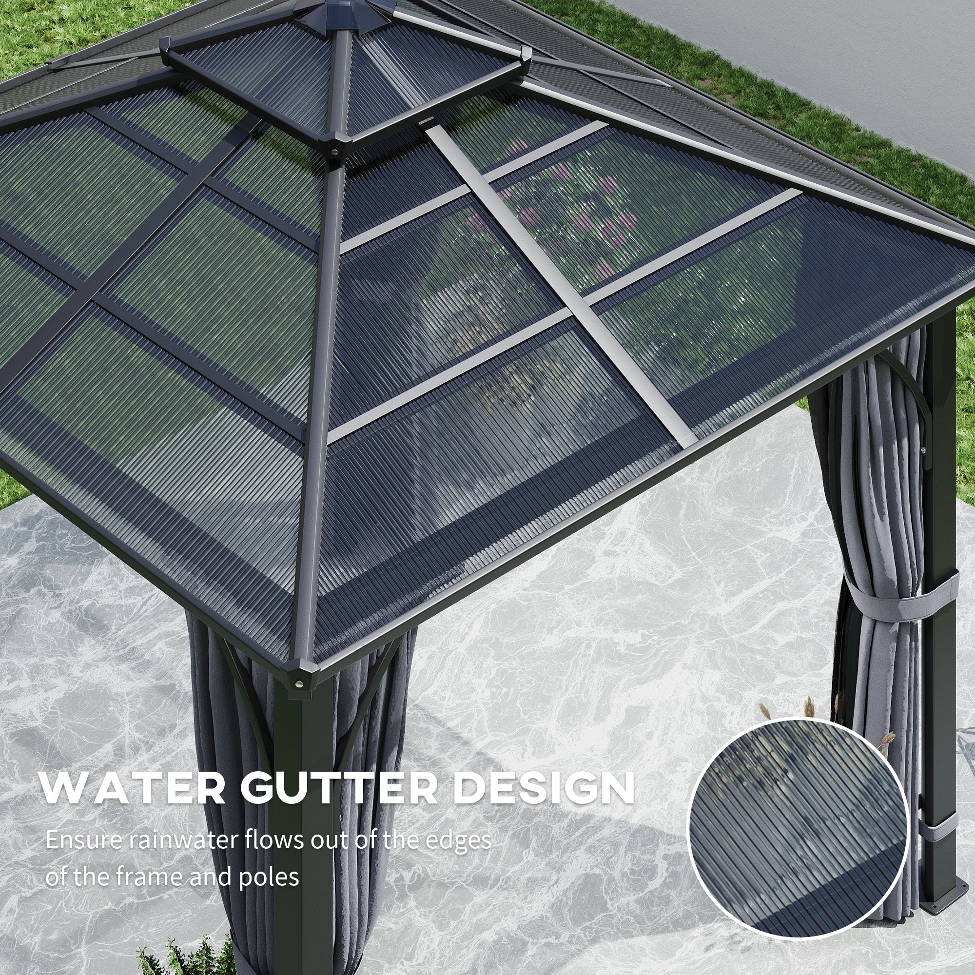 3 x 3m Hardtop Gazebo Canopy with 7mm Double Polycarbonate Roof, Mosquito Netting & Curtains - Dark Grey