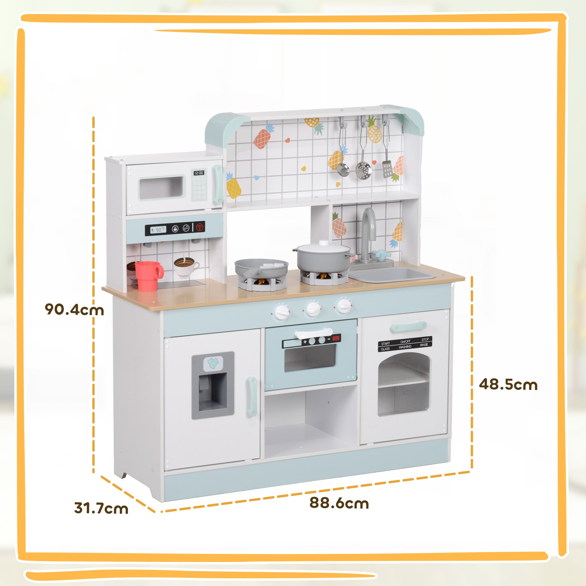 Toy Kitchen Playset with Hob, Sound & Light, Coffee Machine, Ice Maker, Microwave - White & Blue