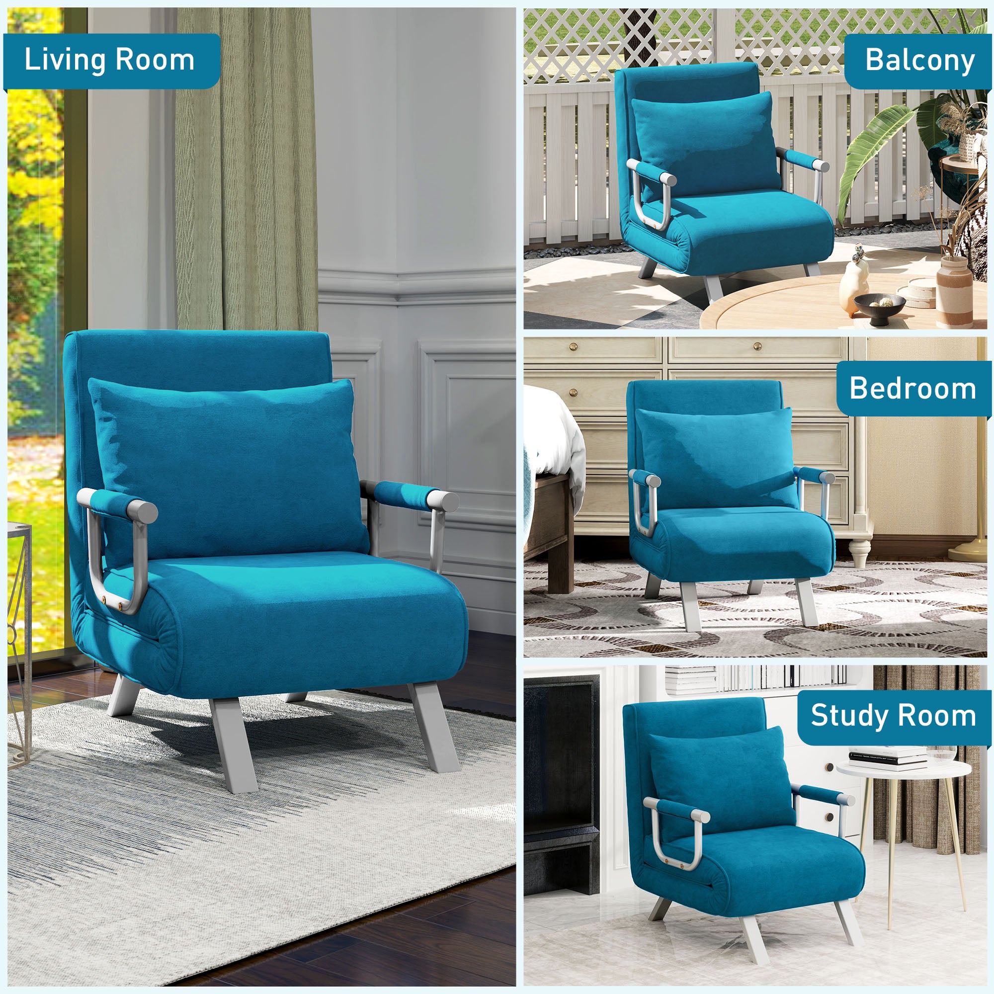 4-in-1 Adjustable Faux Suede Chair Bed with Pillow - Blue