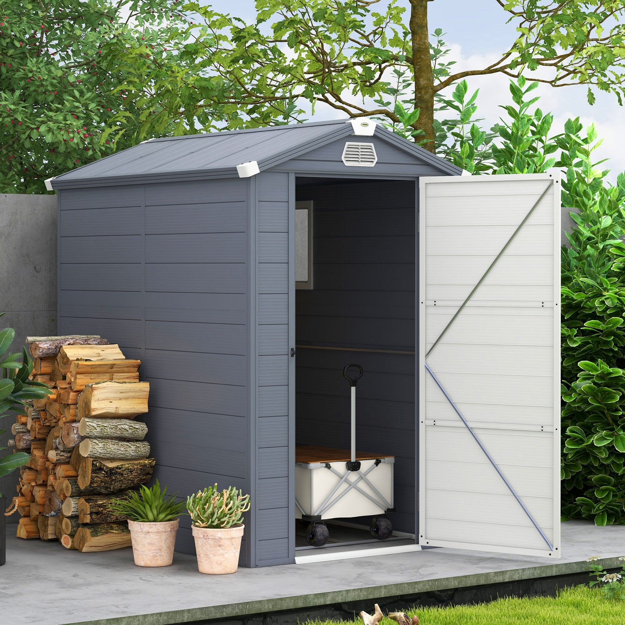 4.4ft x 6.2ft Aluminium Frame and Plastic Wall Shed, with Foundation - Grey