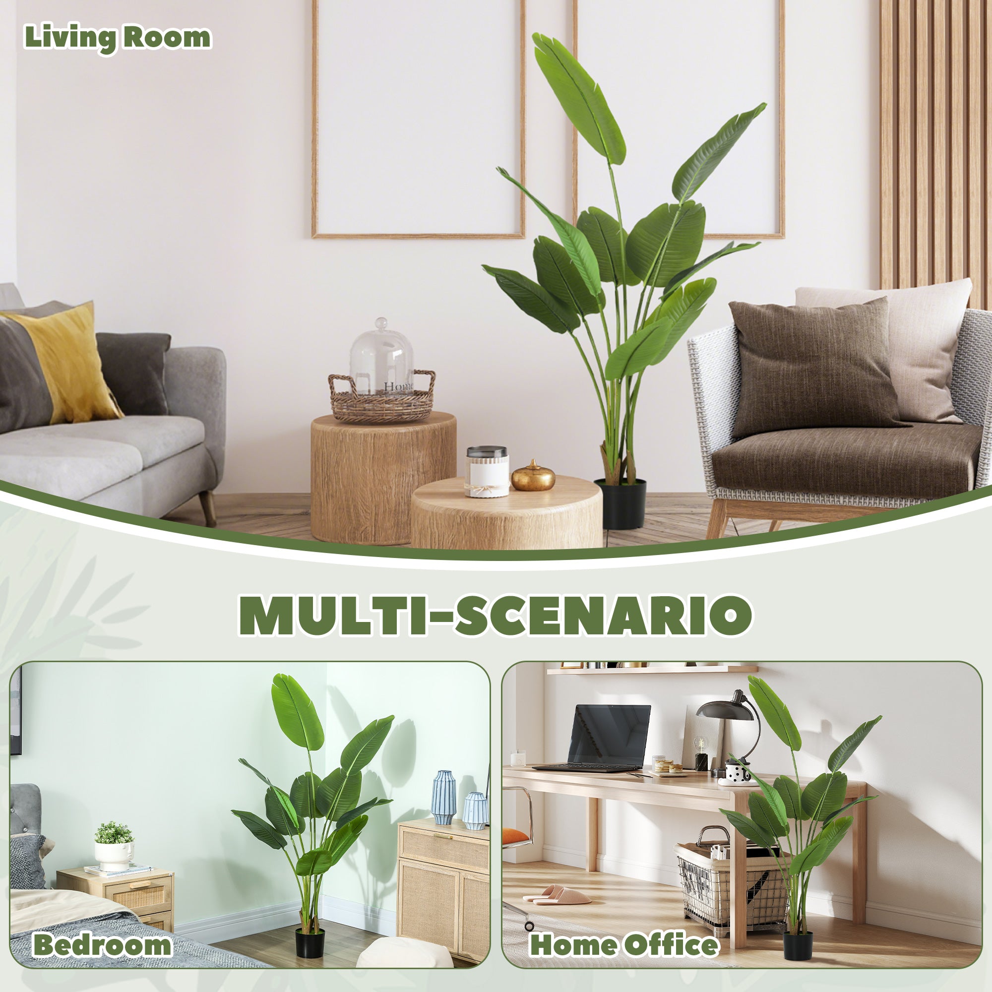 160cm Tall Artificial Bird of Paradise Plant, Faux Banana Leaf Tree with PEVA Leaves and Flocking, Decorative Palm Tree in Pot for Home Office Decor, Green