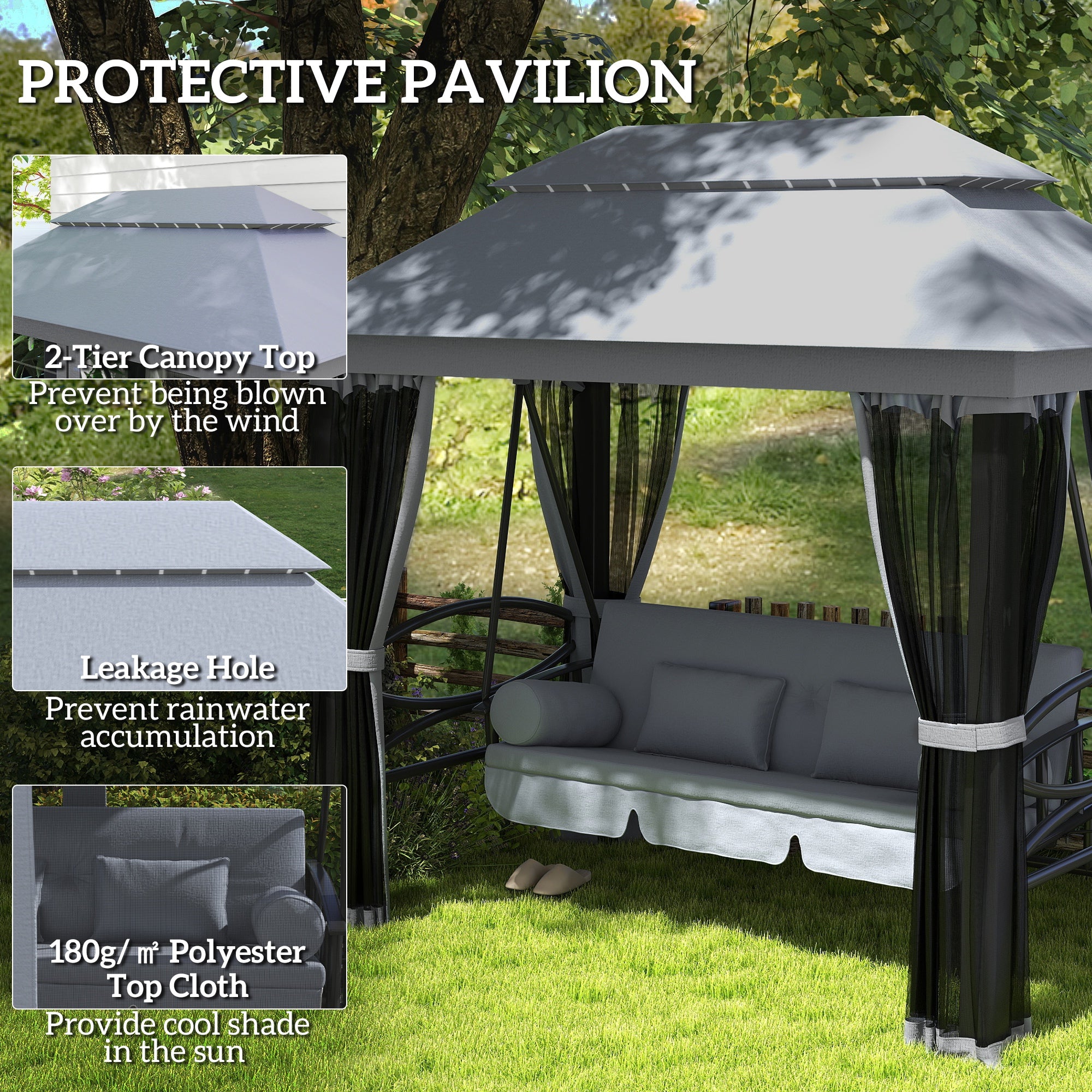 3 Seater Swing Chair Hammock Gazebo Lounger Cushioned Seat Waterproof Grey