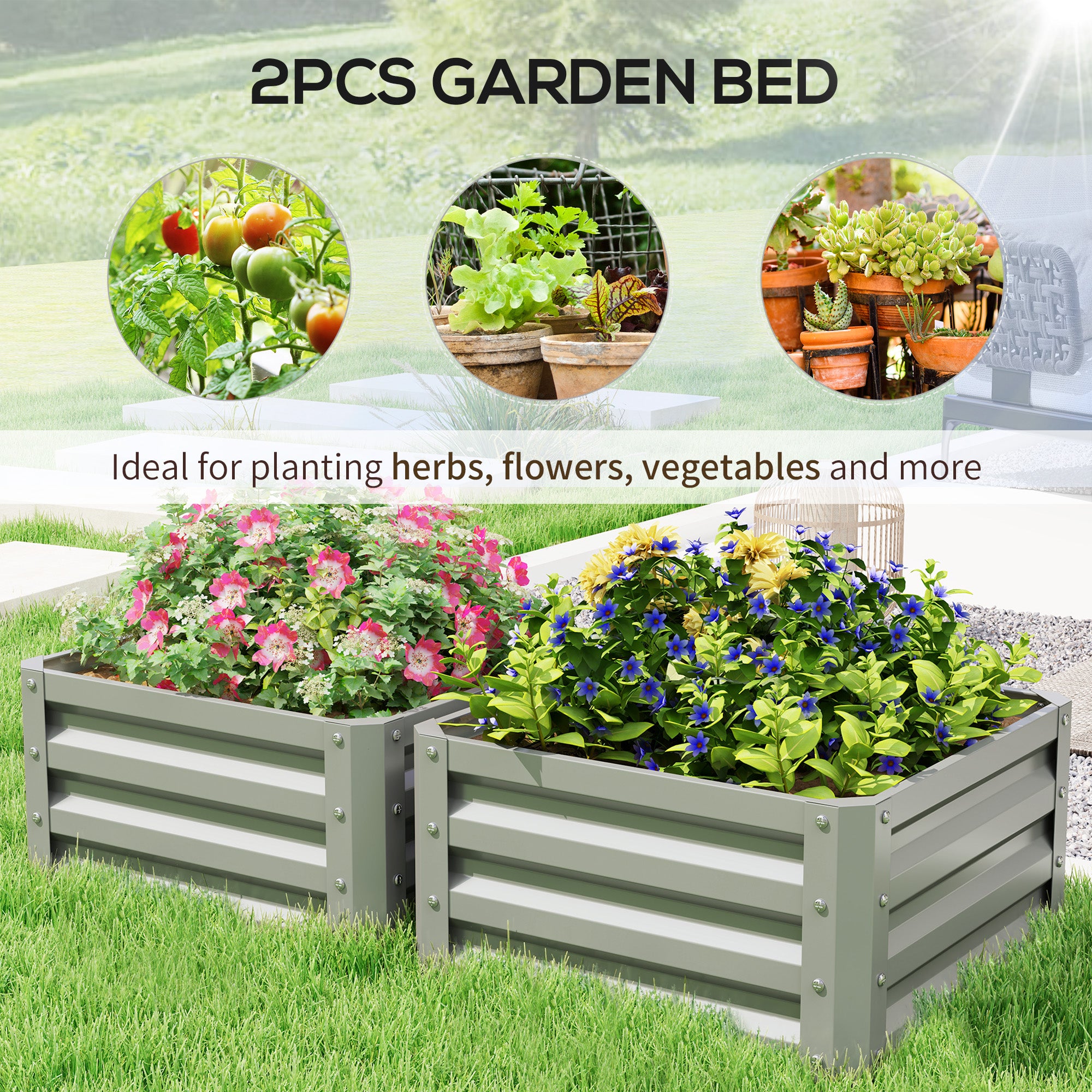 Set of 2 Galvanised Steel Raised Planter Boxes 60x60cm Light Grey