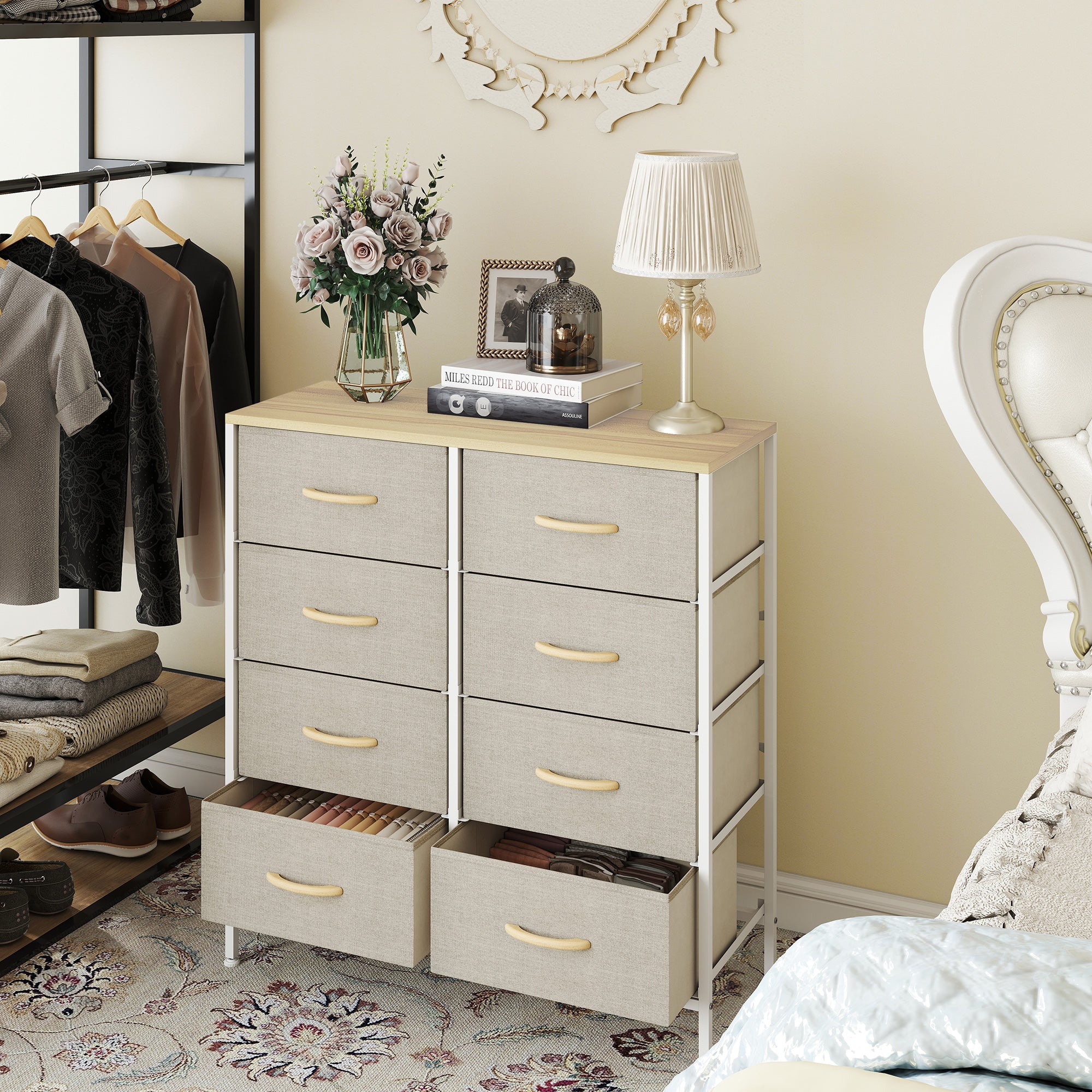 Fabric Chest of Drawers, Industrial Bedroom Dresser with 8 Fabric Drawers, Steel Frame and Wooden Top for Nursery, Living Room, Hallway, Maple Wood-effect