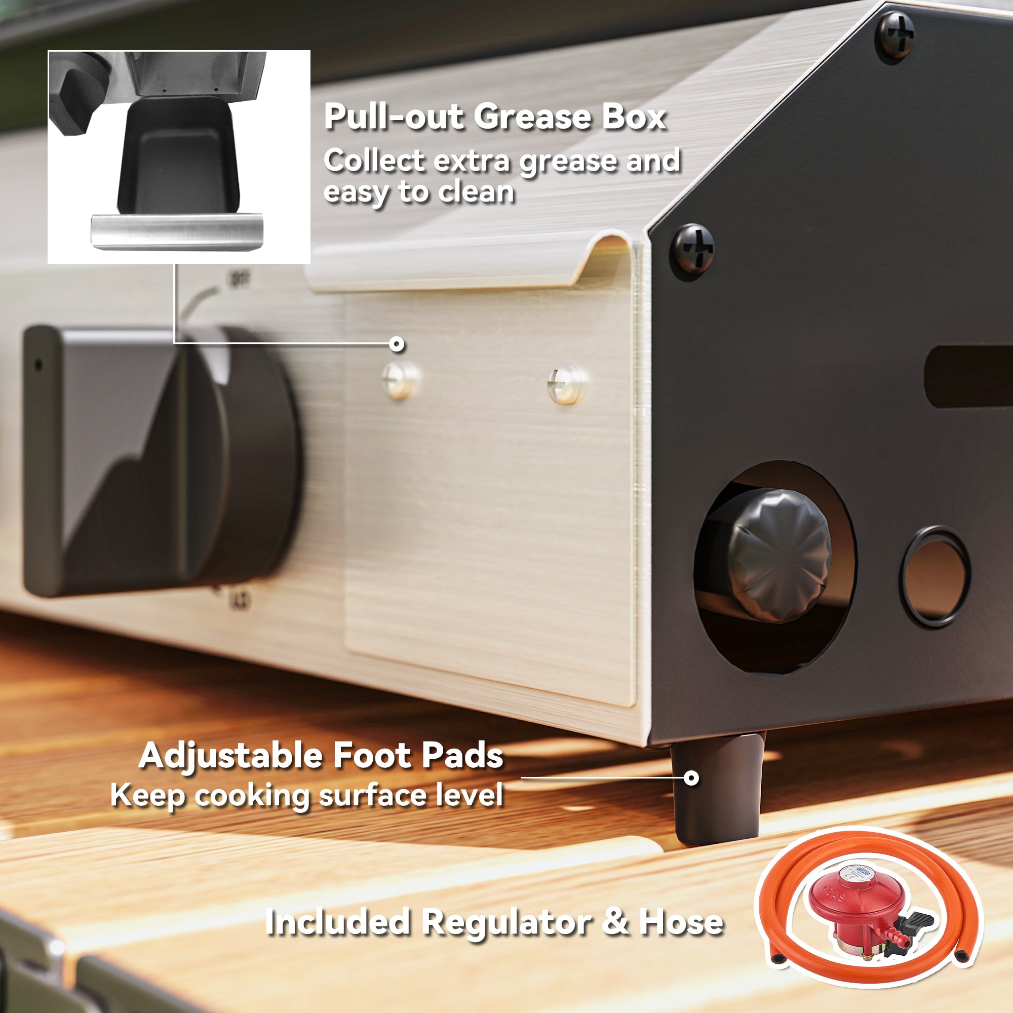 Two Burner Portable Gas Grill with Adjustable Burners and Grease Tray - Black