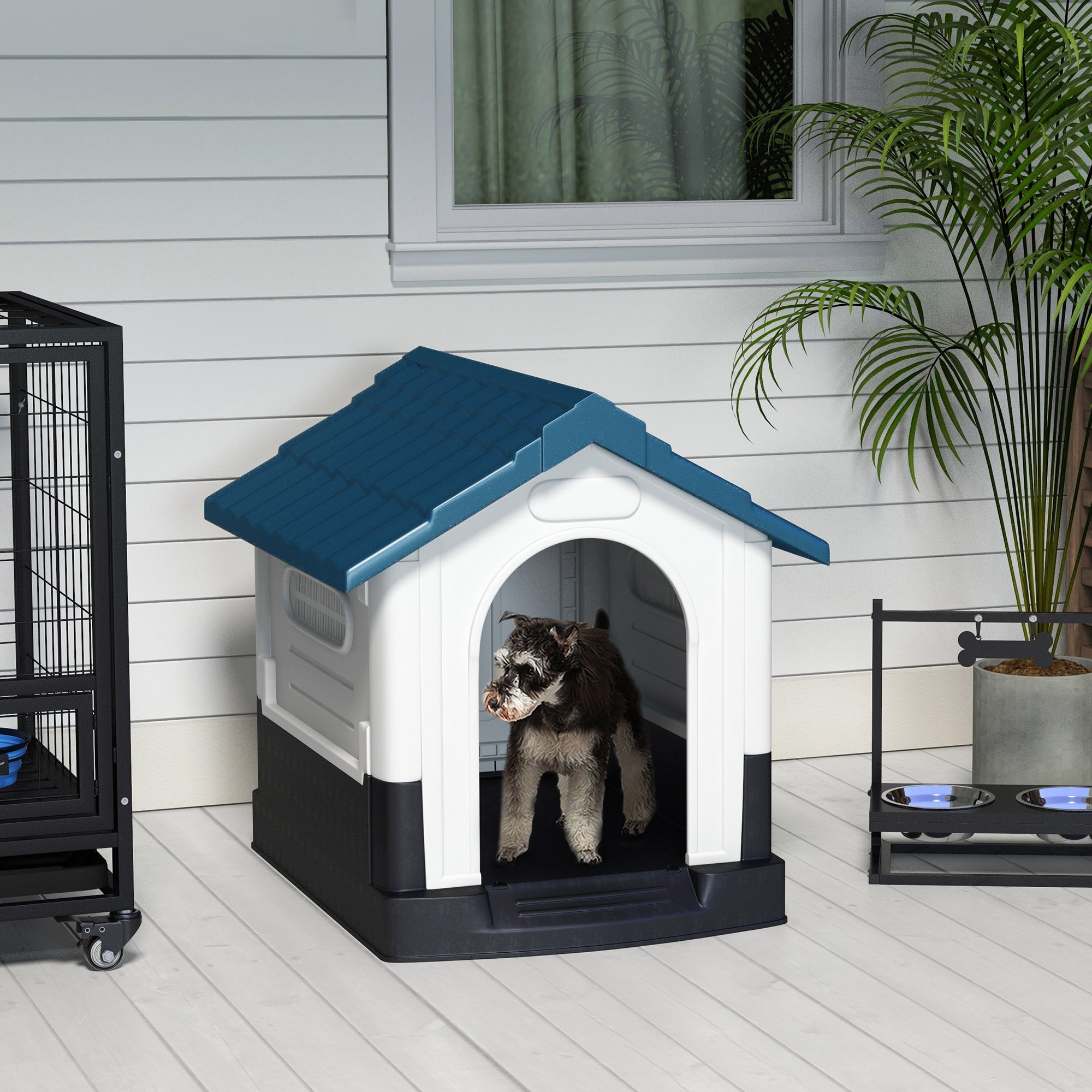 Plastic Dog Kennel with Windows, for Garden Patio, Miniature and Small Dogs, 80 x 69 x 76cm - Blue