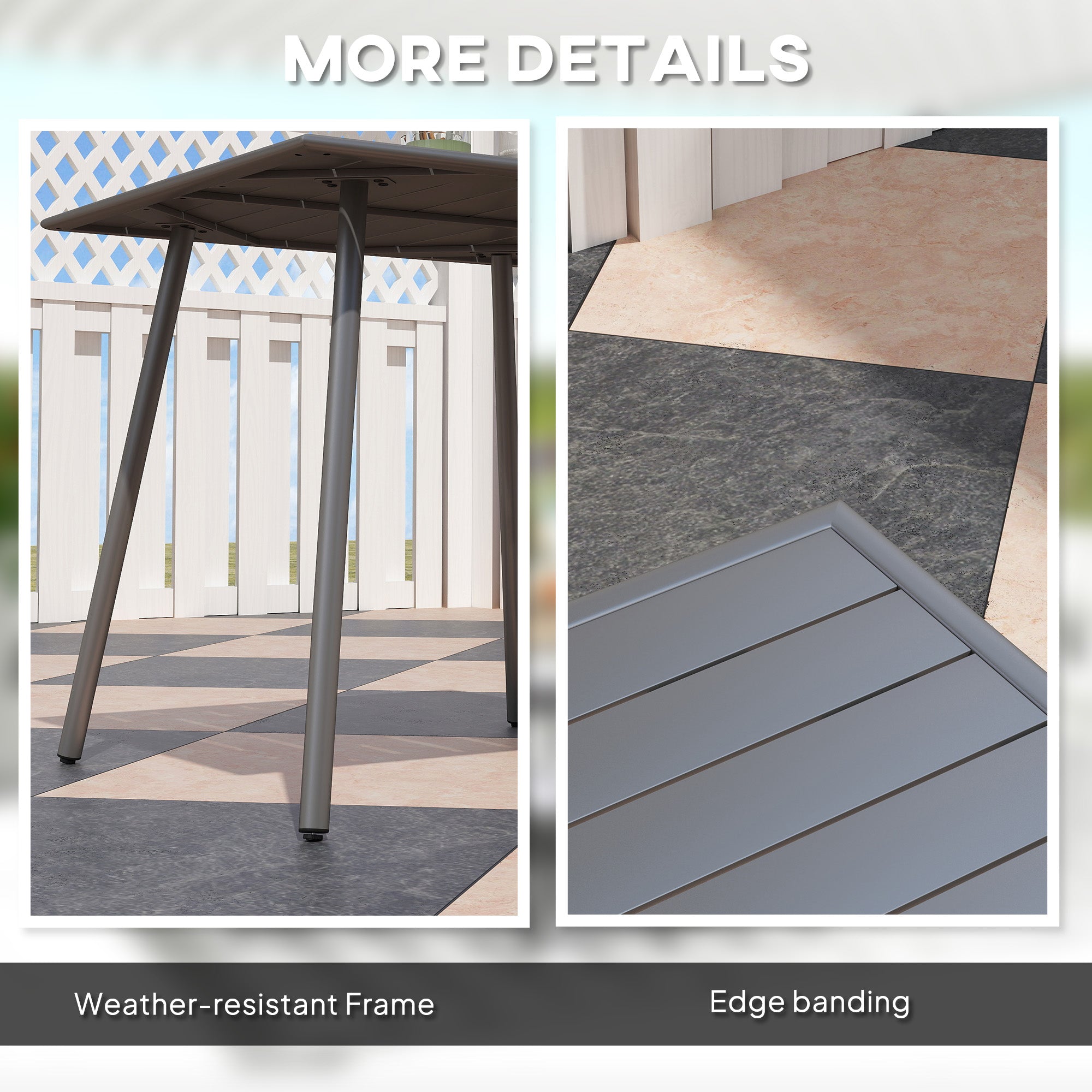 4 Seater Square Garden Table with Slat Top Steel Frame - Grey