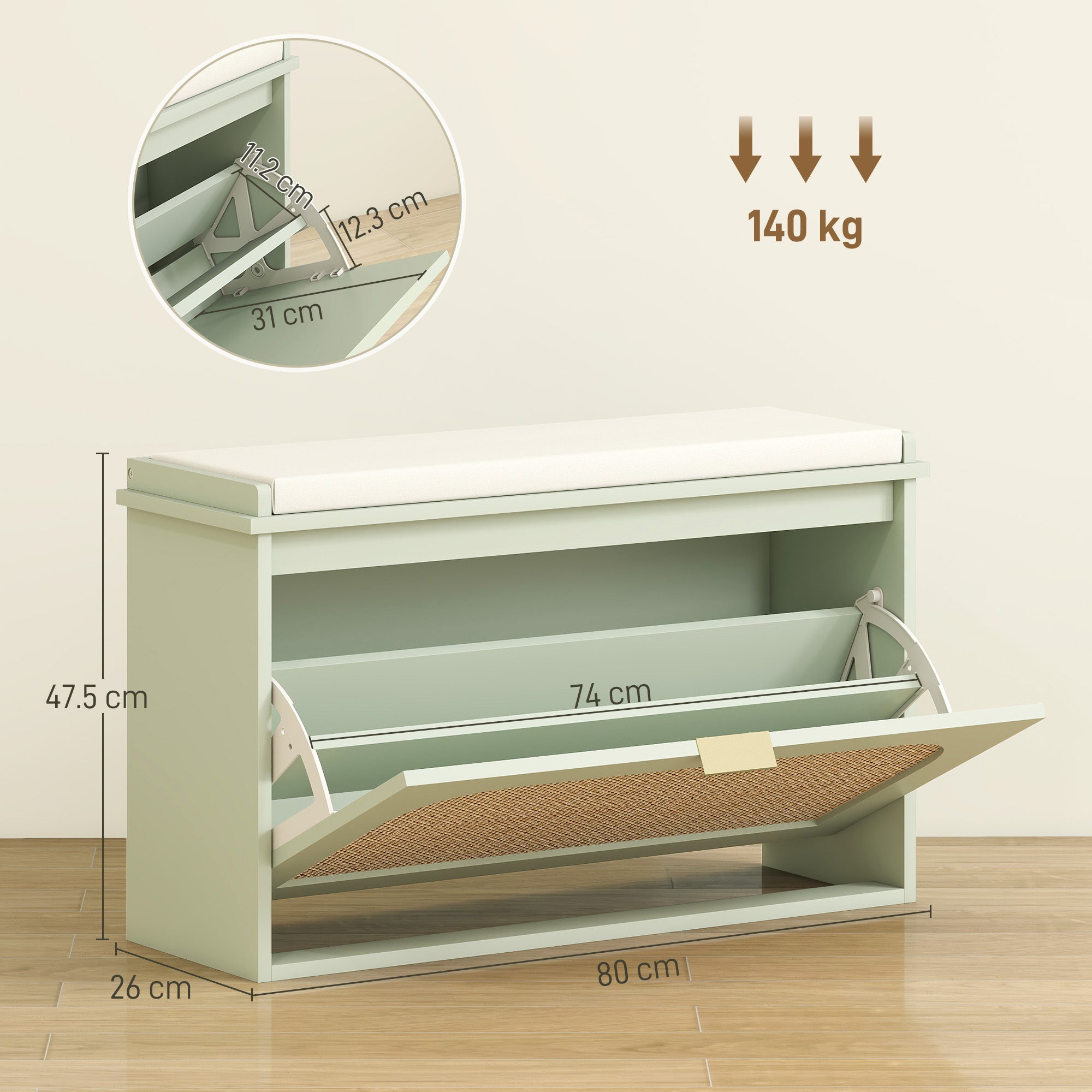 Boho Shoe Bench with Padded Seat and Flip-Drawer - Light Green