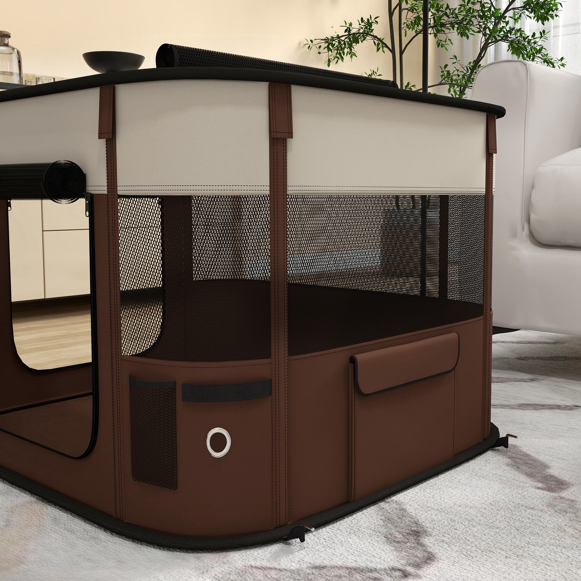 Foldable Dog Pen with Storage Bag for Indoor/Outdoor Use, Portable Pet playpen, with Ground Stakes - Brown