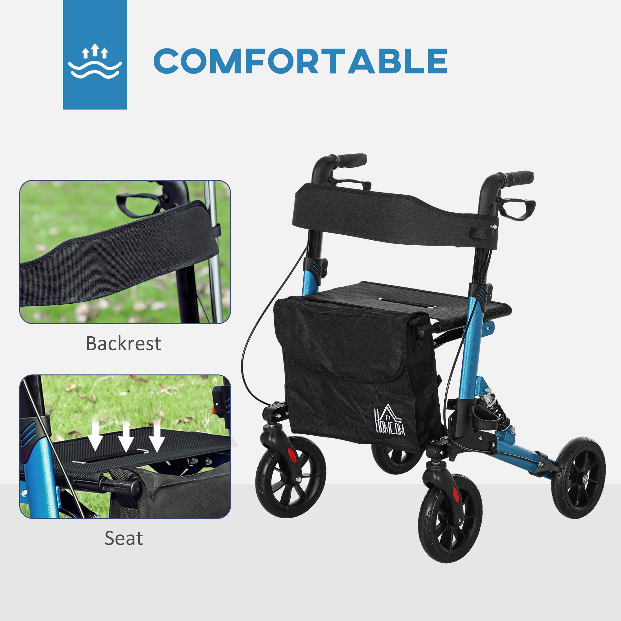 Folding Rollator Walker with Seat, Backrest, Lightweight Walking Frame with Storage Bag, Dual Brakes, Adjustable Handle Height, Suspension System, 4 Wheeled Walker for Seniors, Blue