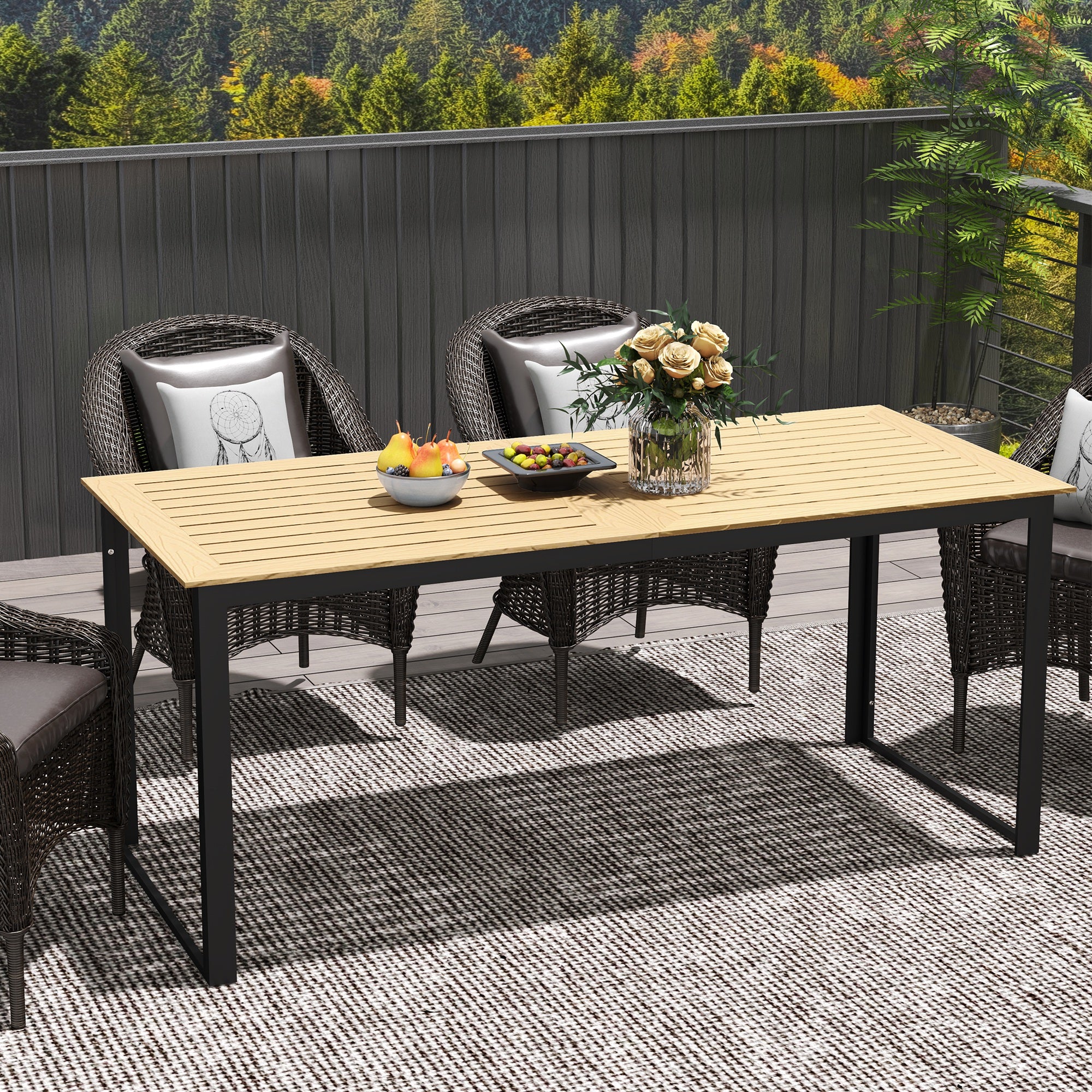 6 Seater Teak Effect Outdoor Dining Table with Metal Frame
