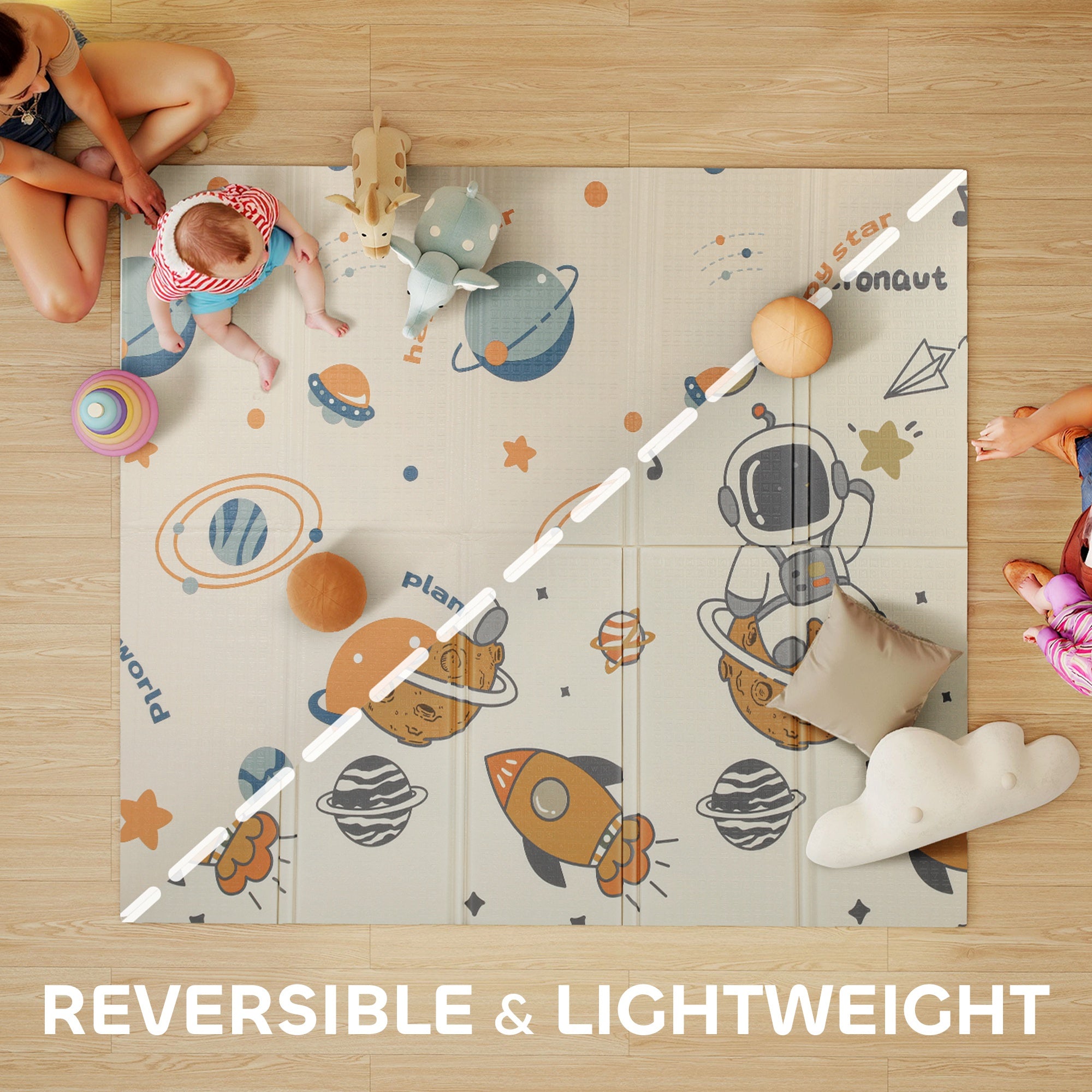 Baby Play Mat, Double Sideded Foldable Kids Crawling Mat, Reversible & Waterproof, Astronaut and Planet