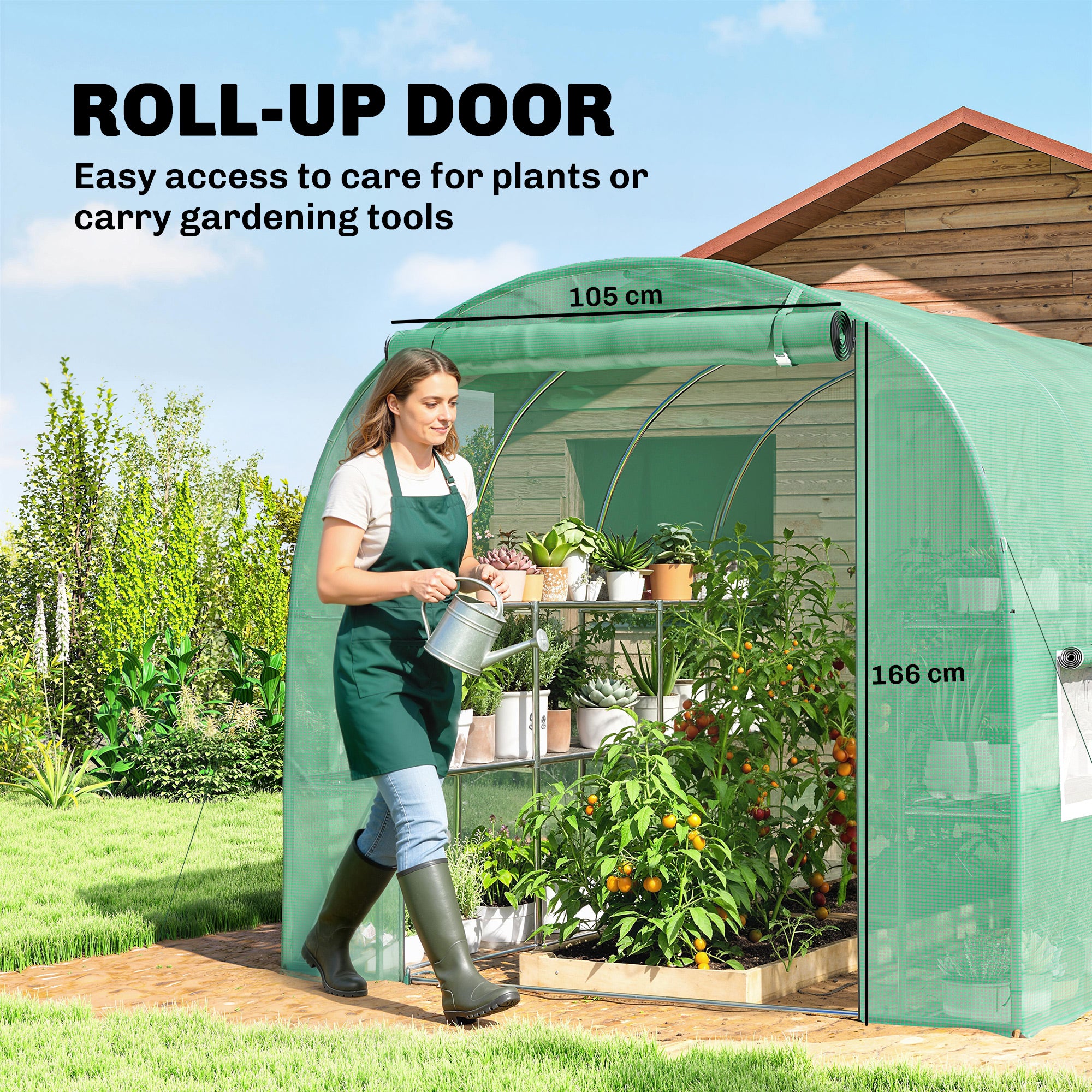 Walk-in Greenhouse with Shelves, Polytunnel Greenhouse with Roll-Up Door, 6 Mesh Windows,198 x 275 x 191 cm, Green