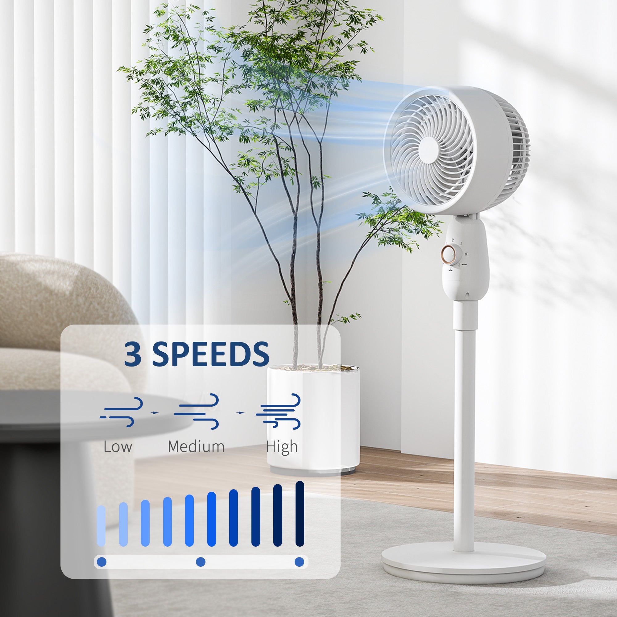 Pedestal Fan, Powerful Air Circulator, 12 Inch Floor Standing Fan with 3 Speed Settings, Oscillating Function for Bedroom, Home and Office, White