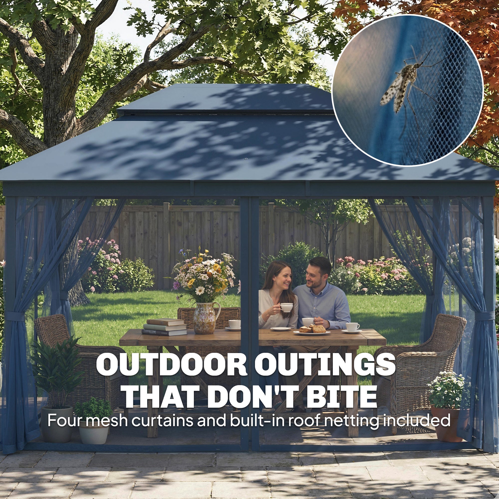 3 x 4 m Outdoor Garden Gazebo with Netting and Curtains, UPF50+ Patio Gazebo Permanent Pavilion Canopy, Dark Blue