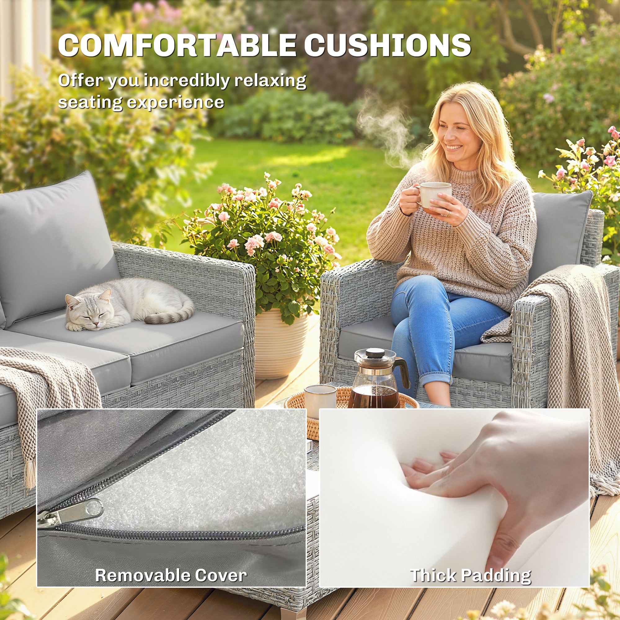 4 Piece Rattan Garden Furniture Set with Loveseat, 2 Armchairs, Glass-Top Table, Wicker Patio Conversation Set, Grey
