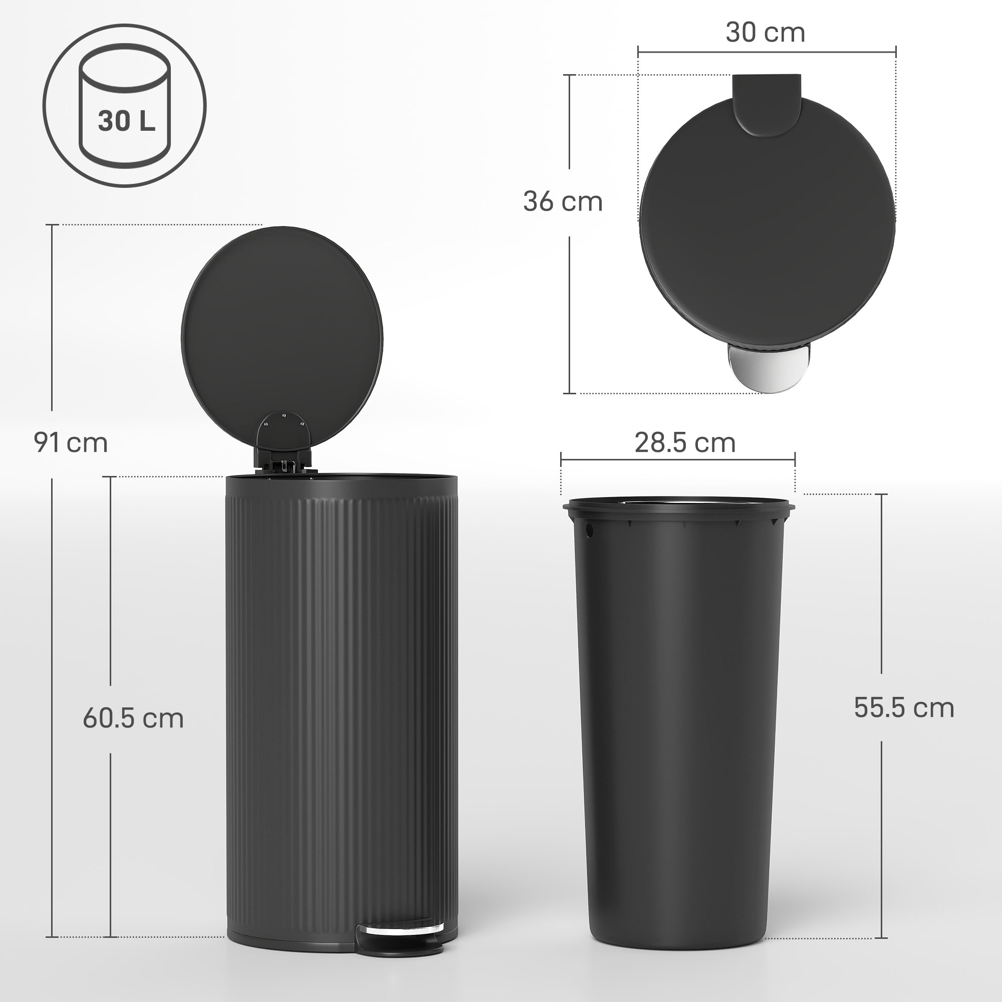 Kitchen Bin, 30 Litre Pedal Rubbish Bin with Removable Bucket, Black