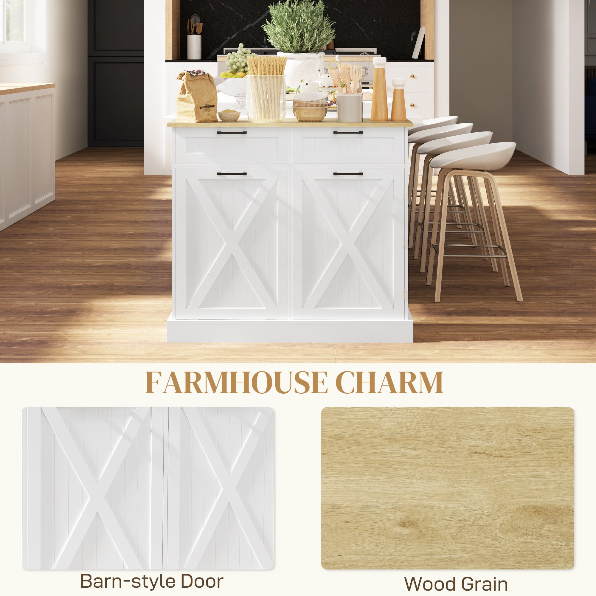 Sideboard with Tilt-out Trash Bin, Farmhouse Kitchen Sideboard with 2 Drawers, Adjustable Shelves, Door Racks, White