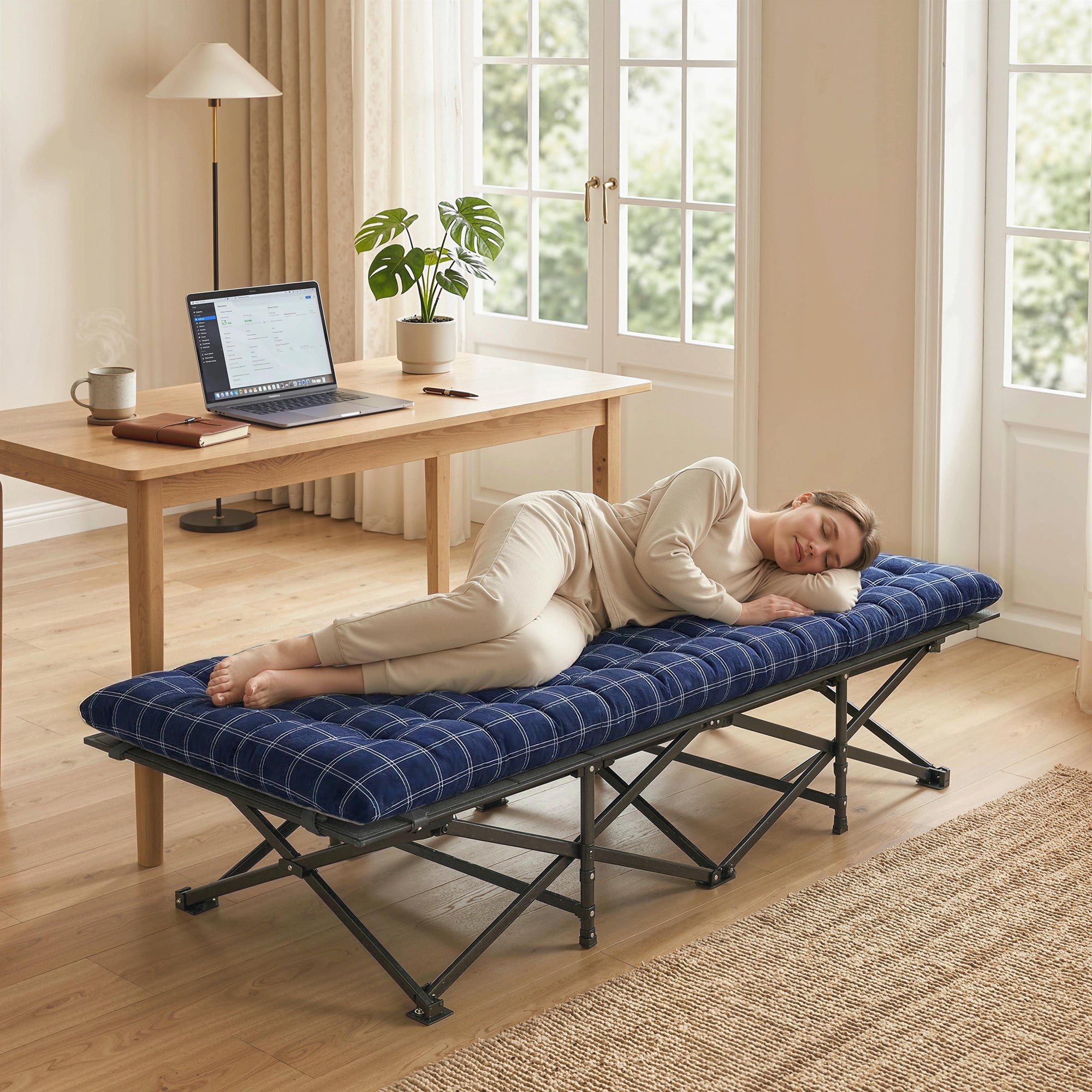 Camping Cot with Soft Pad, 80cm Extra Wide Folding Cots with Side Pocket and Carry Bag, Blue