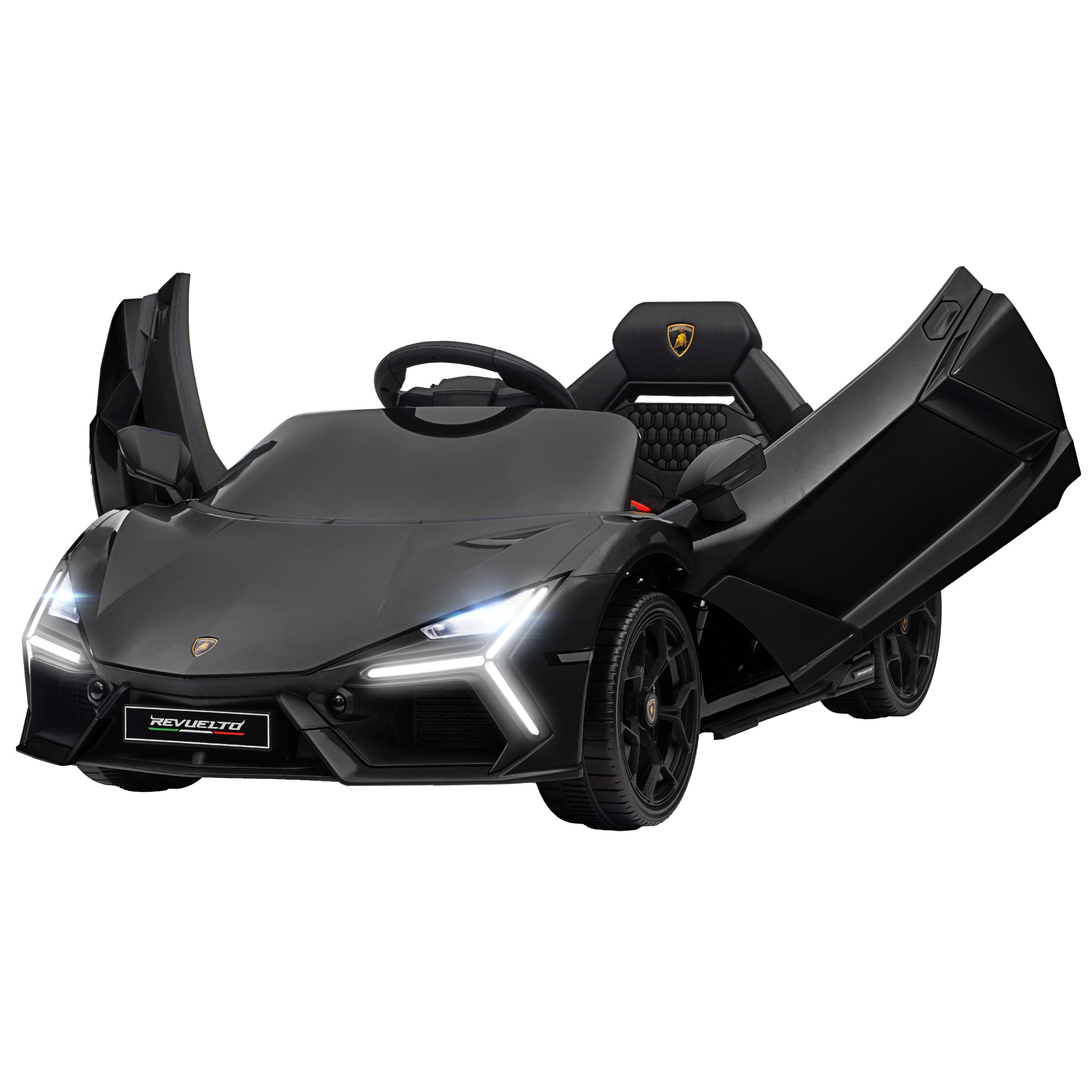 Lamborghini Revuelto Licensed 12V Ride on Car w/ Butterfly Doors, Transport Wheels, Suspension, Remote Control, Black