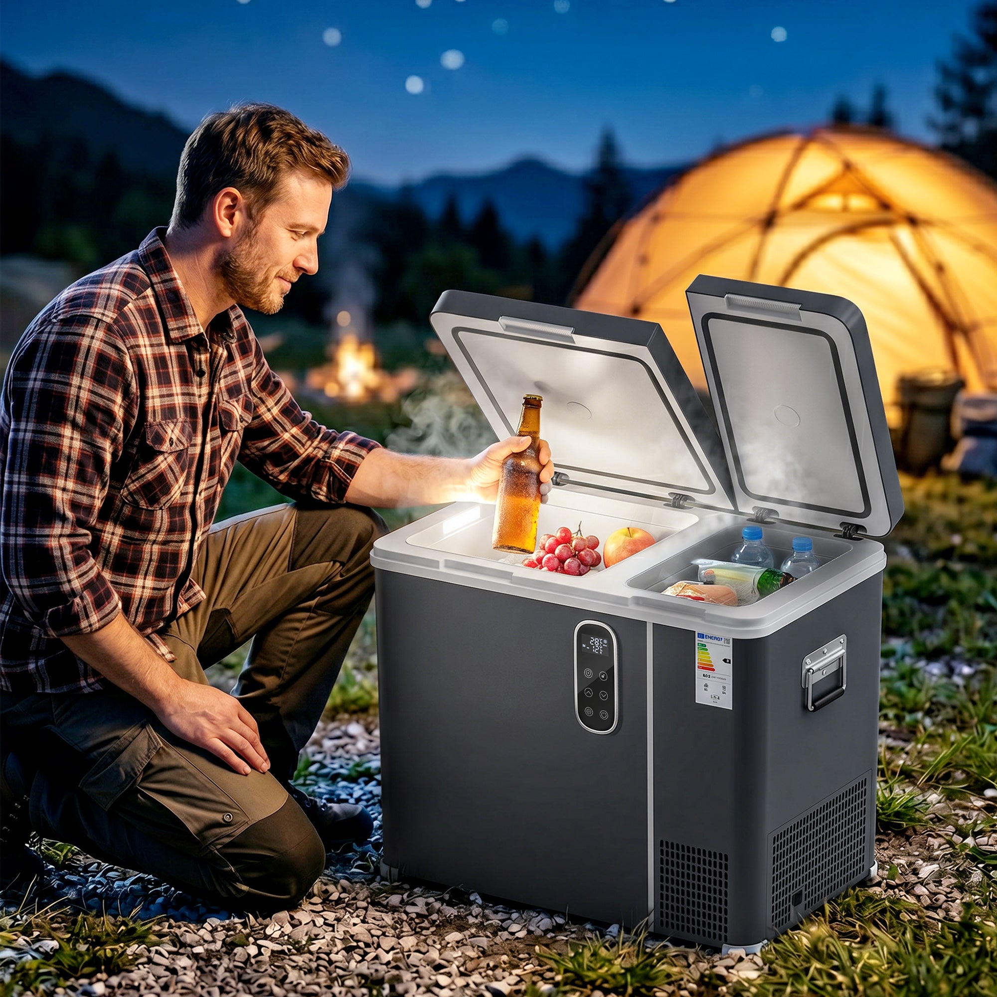 55L Compressor Car Fridge Freezer, Dual Zone Camping Refrigerator with App Control, Grey