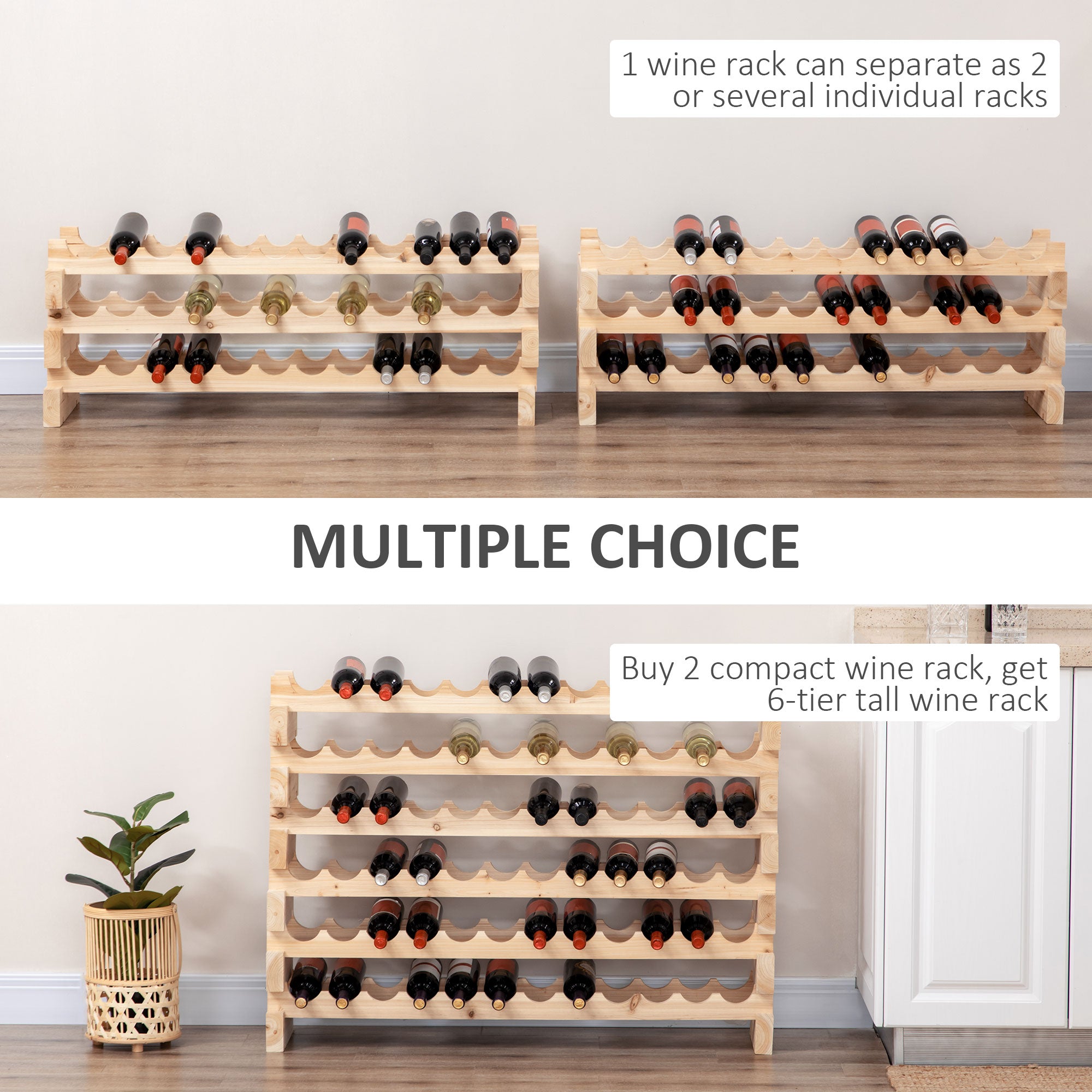 Three-Tier, 36 Bottle Wooden Wine Rack - Natural