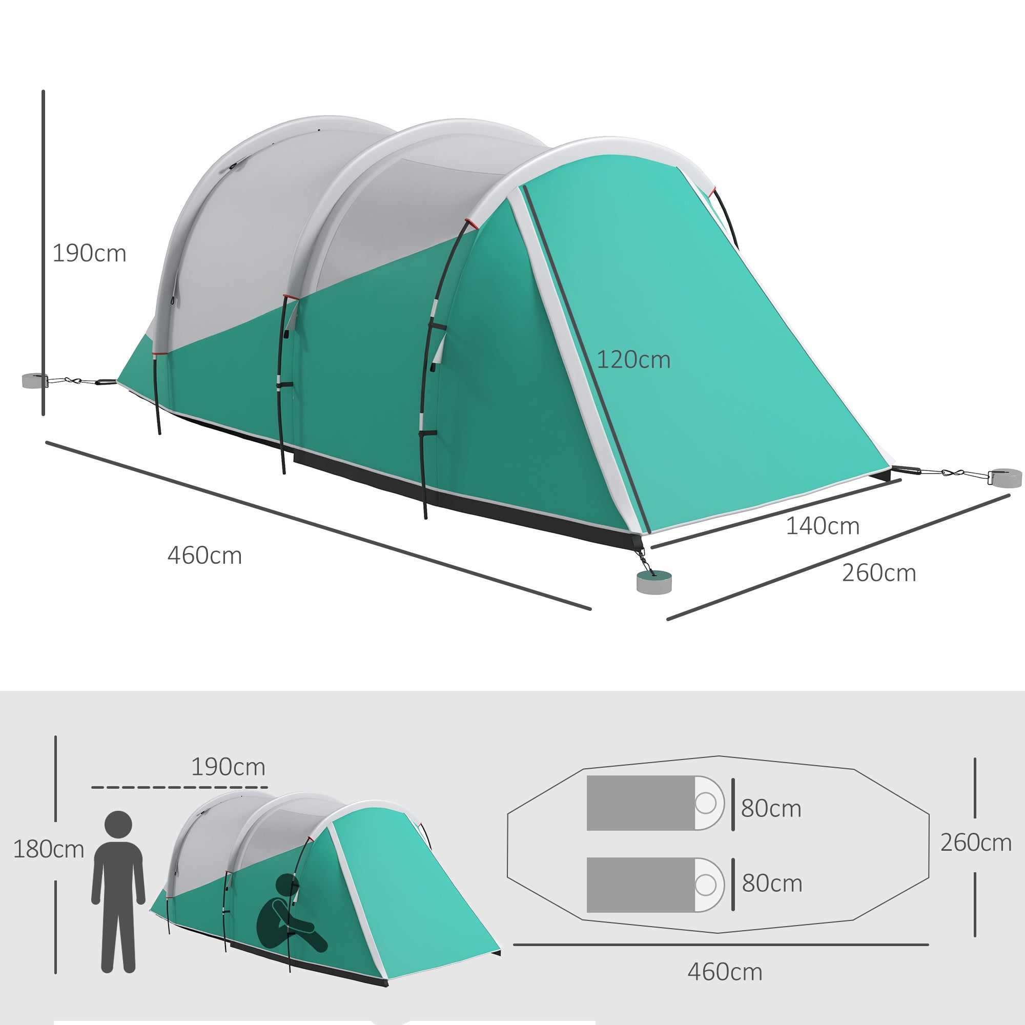 Spacious Three-Person Tunnel Tent with Water-Resistant Design - Green