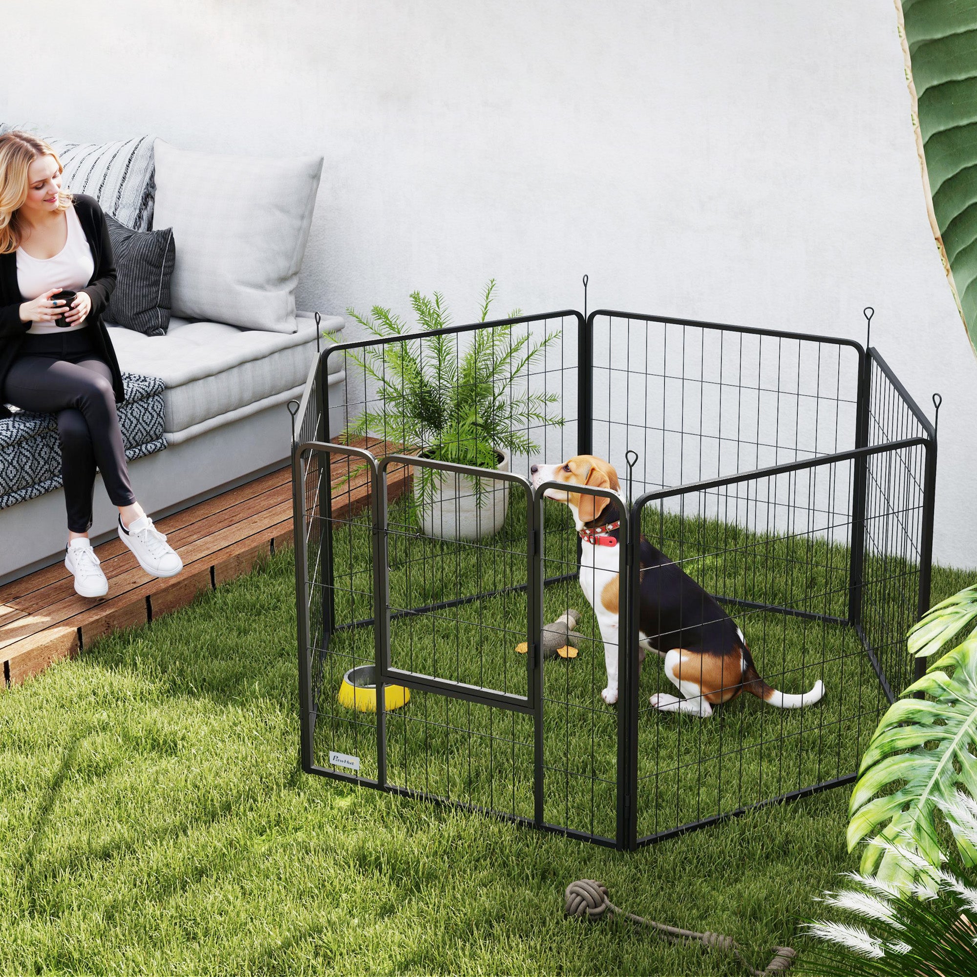 6 Panels Dog Playpen, Portable Detachable Puppy Pen with Door, for Medium Dogs, 80cm High, Black